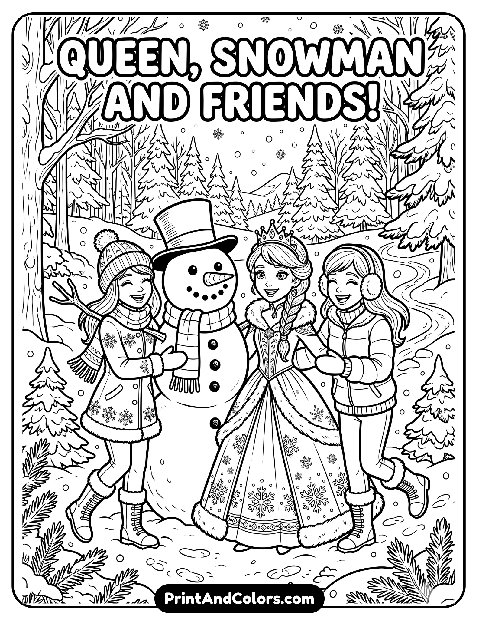 Black and white coloring page featuring Elsa together with Olaf, Anna, Sven, and Kristoff in a snowy winter setting, everyone smiling happily near a frozen forest, detailed winter outfits, snowflakes and pine trees around them, printable coloring book line art with bold clean outlines