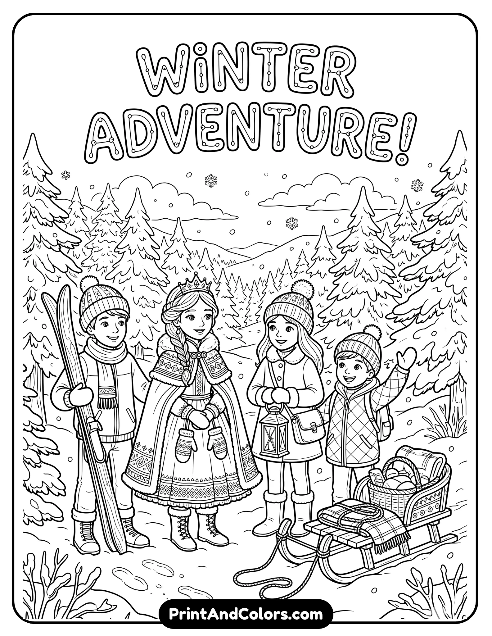 Black and white coloring page of Elsa with Sven and Kristoff preparing for a winter adventure, snowy sled nearby, winter forest background, Elsa wearing a warm cape while Sven and Kristoff stand beside her, detailed printable coloring book line art with clean outlines