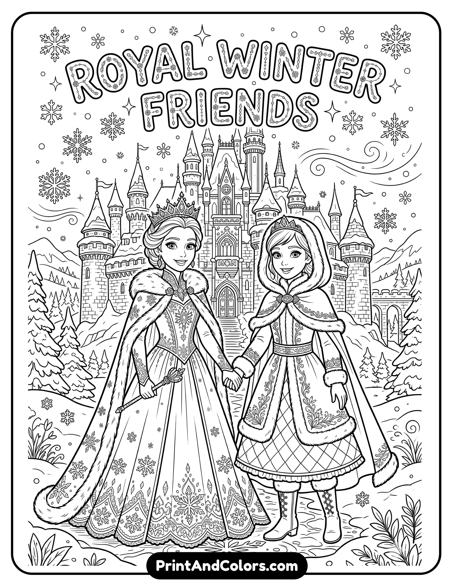 Black and white coloring page of Elsa and Anna standing together happily, holding hands in front of a snowy castle, Elsa in an elegant ice dress and Anna in winter royal clothing, snowflakes falling around them, detailed line art, printable coloring book design, clean outlines, magical winter setting