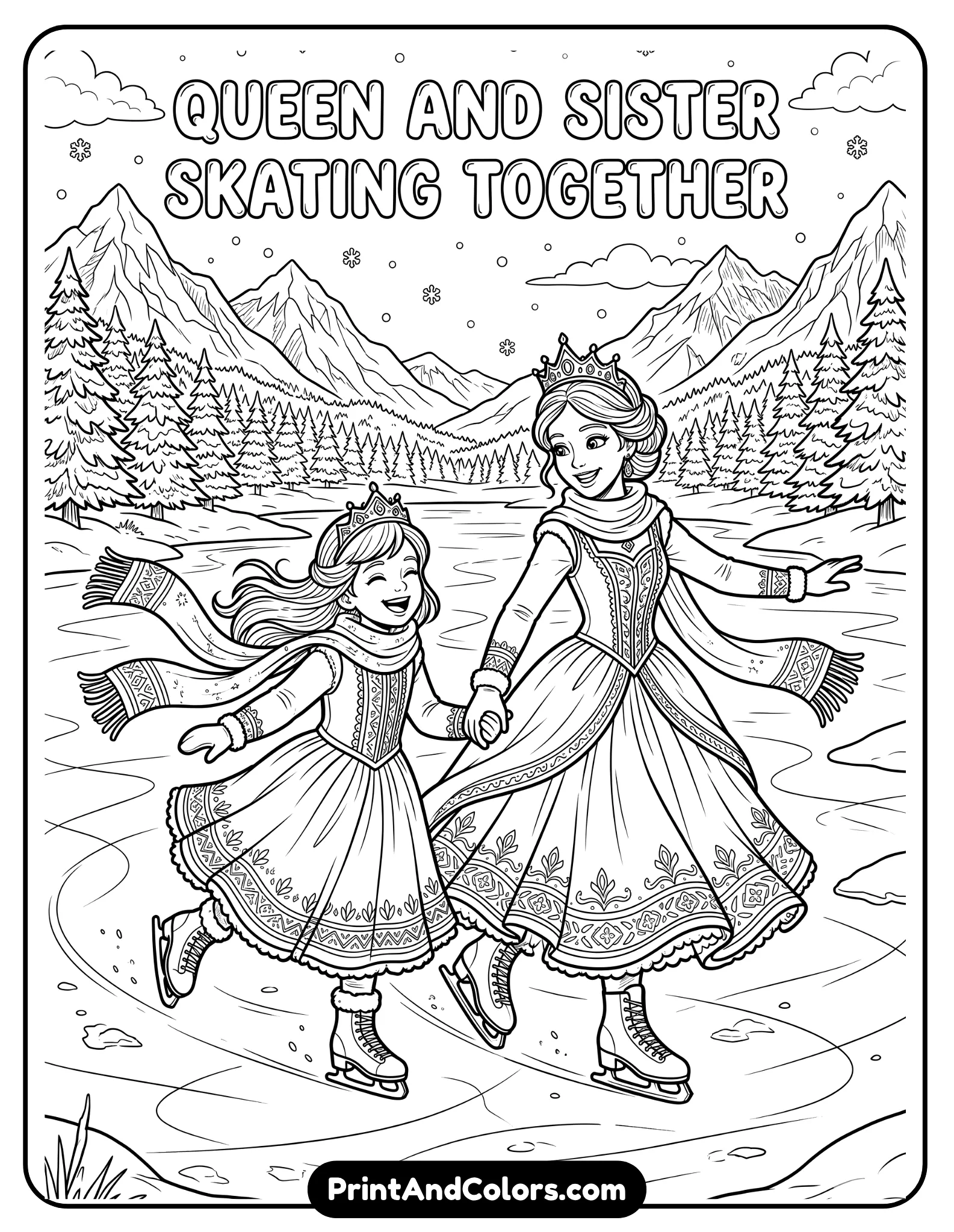 Black and white coloring page of Elsa and Anna ice skating together on a frozen lake, joyful expressions, flowing scarves and winter dresses, snow-covered trees and mountains around them, playful winter atmosphere, printable coloring book style with detailed outlines