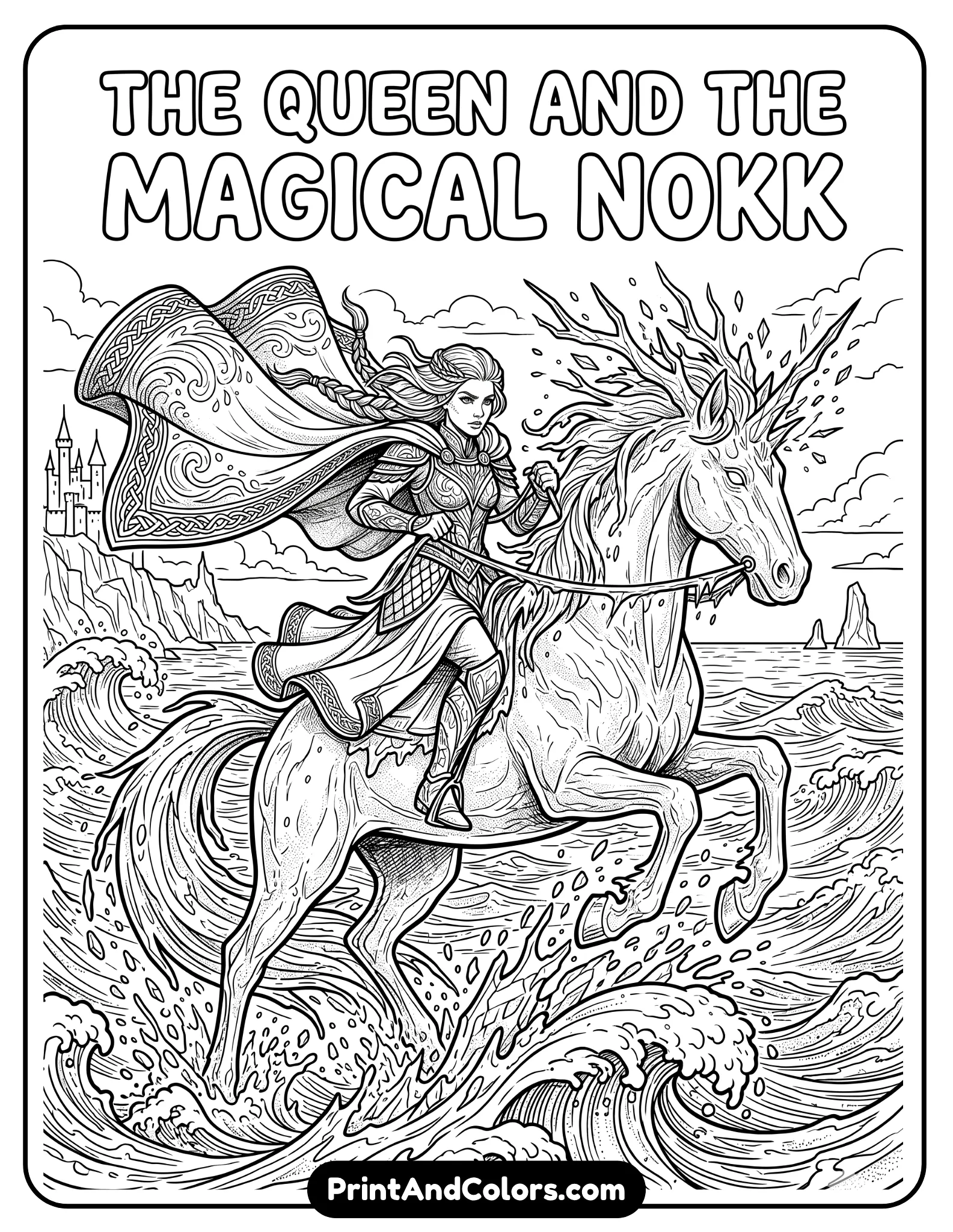 Elsa riding the magical water horse Nokk across ocean waves, dynamic movement, splashing water and magical ice effects around them, flowing cape and hair, fantasy ocean background, black and white printable coloring page with detailed outlines and action pose