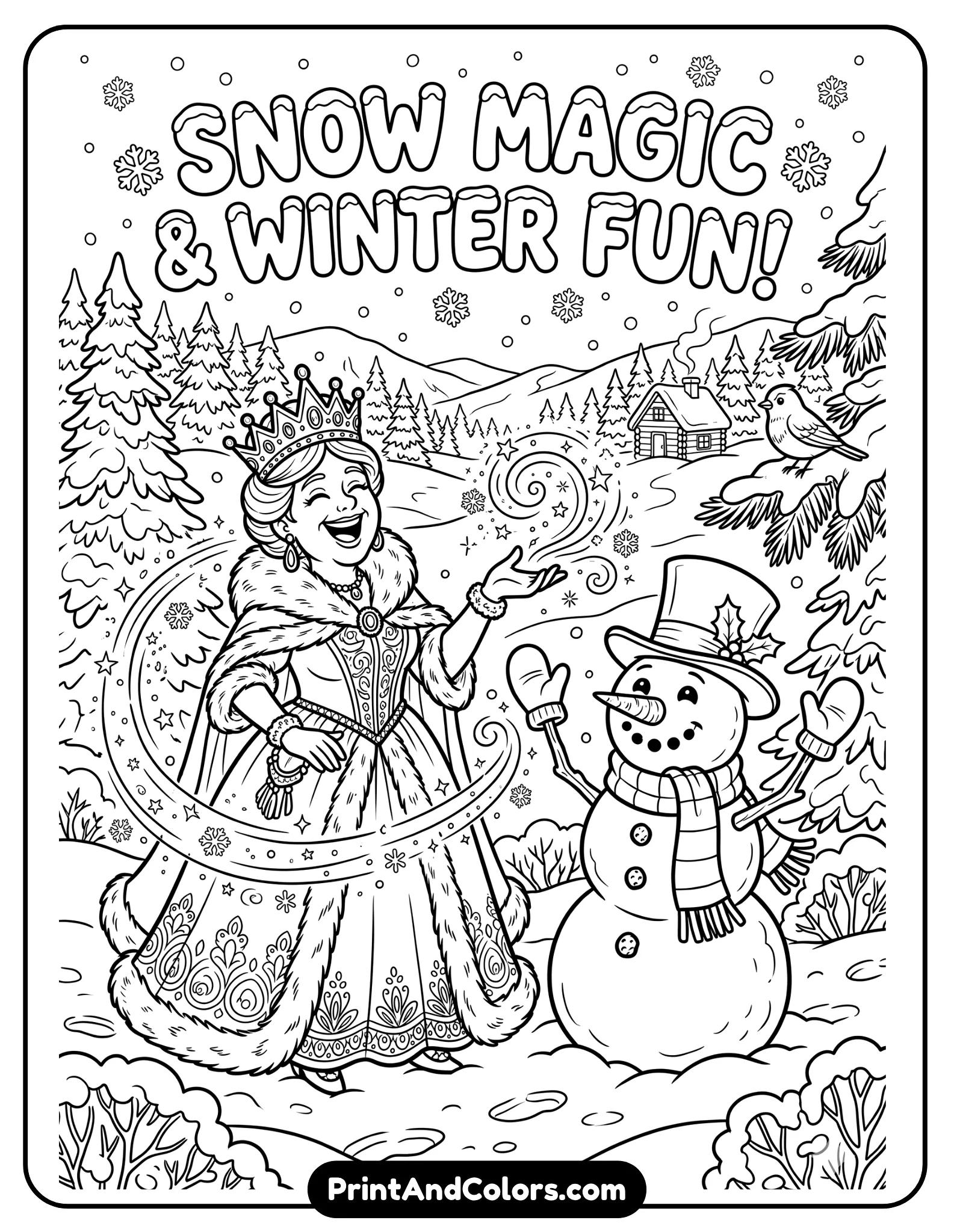 Printable black and white coloring page of Elsa laughing beside Olaf the snowman, Olaf waving happily while Elsa creates snow magic, snowy hills and pine trees in the background, fun winter atmosphere, detailed cartoon line art, clean bold outlines perfect for coloring