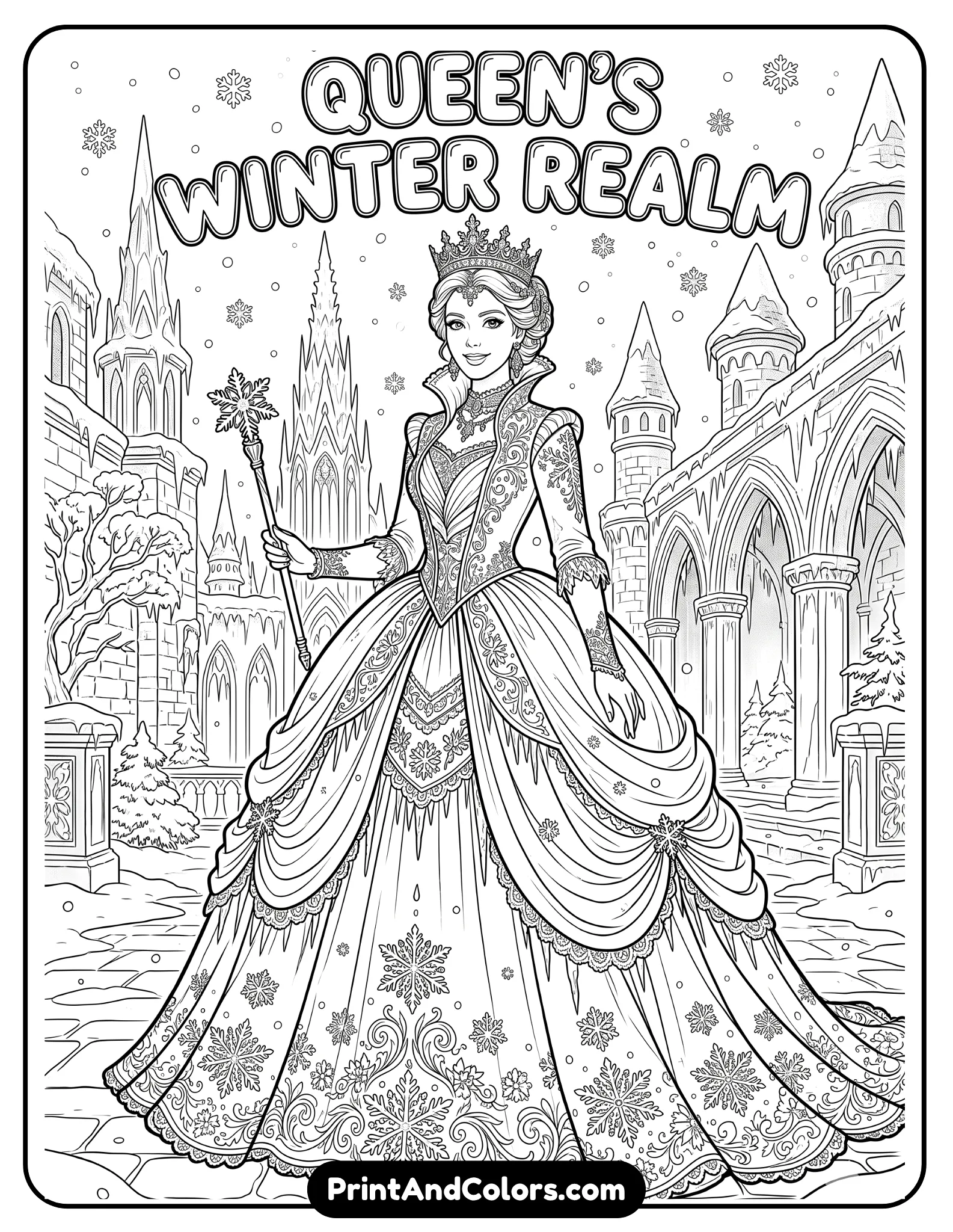 Elegant black and white coloring page of Elsa wearing a large royal ball gown decorated with snowflake designs, standing gracefully while snowflakes fall around her, icy palace background, printable coloring book line art with detailed dress folds and winter decorations