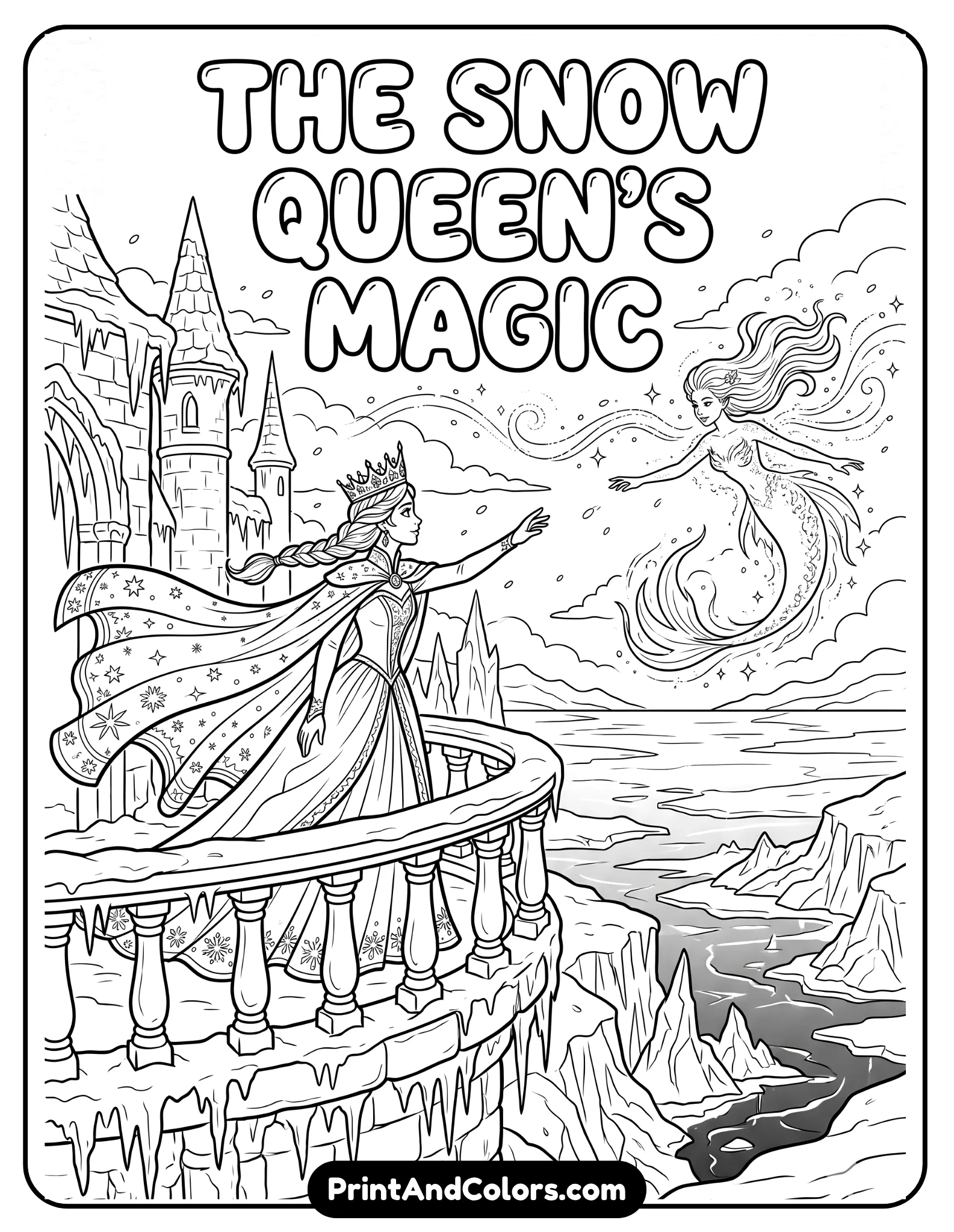 Black and white coloring page of Elsa standing on a frozen castle balcony reaching toward a magical siren spirit in the distance, flowing cape in the wind, snowy ocean below, fantasy winter setting, clean printable outlines designed for kids