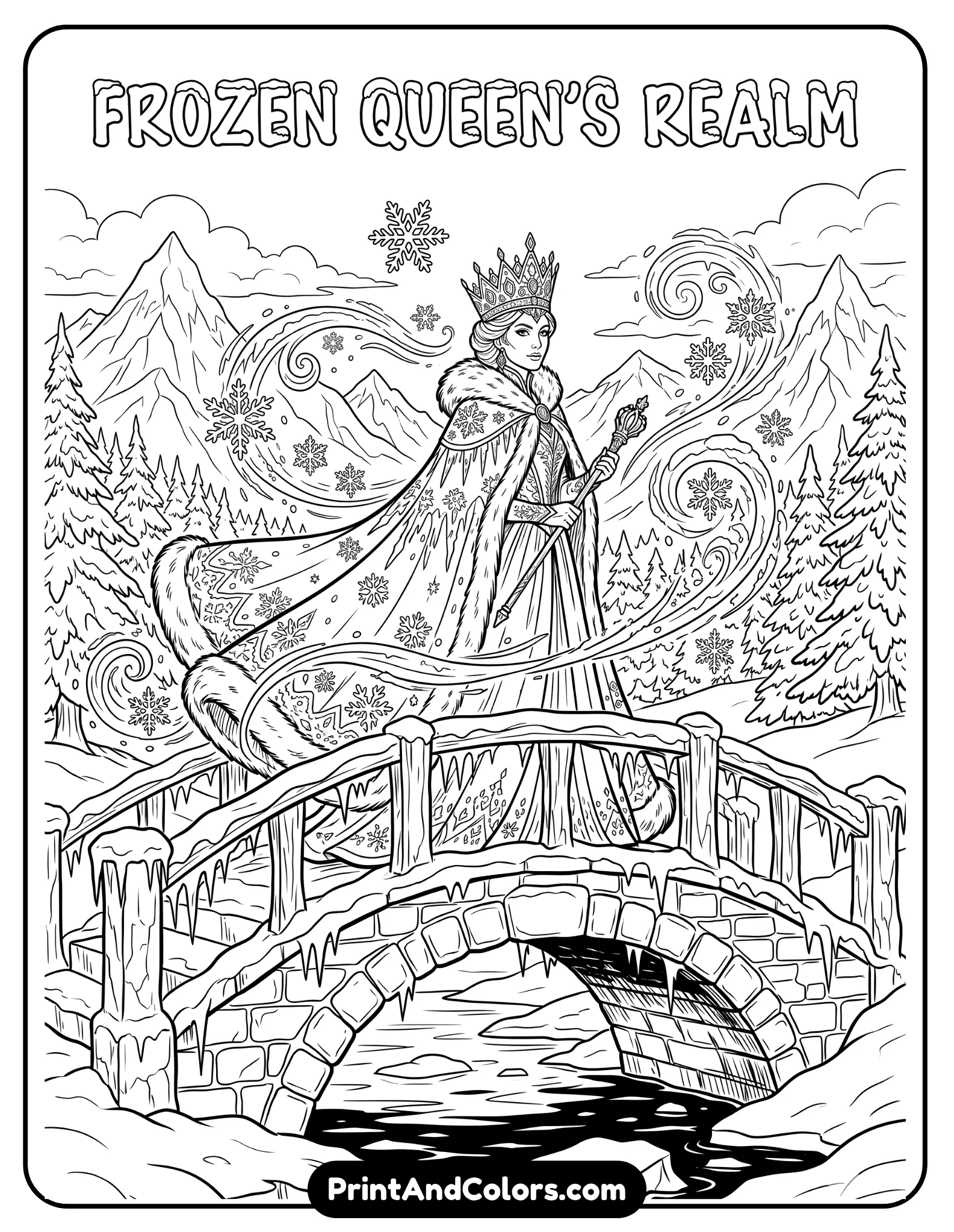 Black and white coloring page of Elsa standing on a frozen bridge over icy water, magical snowflakes swirling around her, snowy mountains and frozen trees in the background, flowing winter cape, printable fantasy coloring page with detailed clean outlines