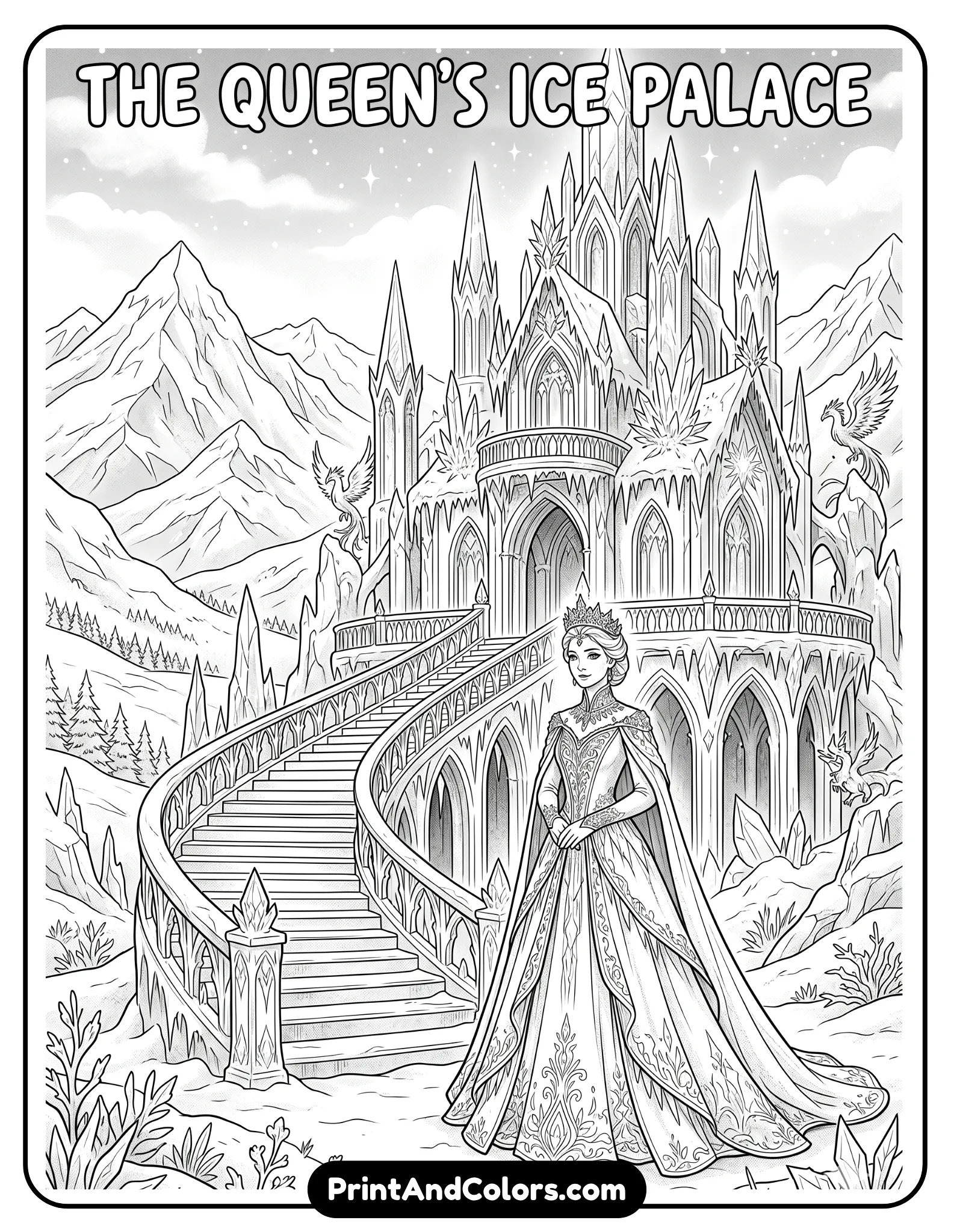 Elsa standing in front of her giant magical ice palace, towering icy staircases and sparkling frozen walls surrounding her, detailed crystal architecture, snowy mountains in the background, black and white printable coloring page, fantasy line art with clean detailed outlines