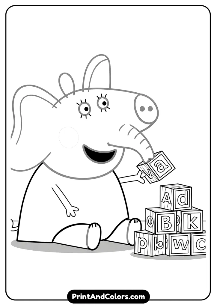 Emily Elephant sitting on the floor stacking wooden blocks with letters, smiling. Simple line art style.