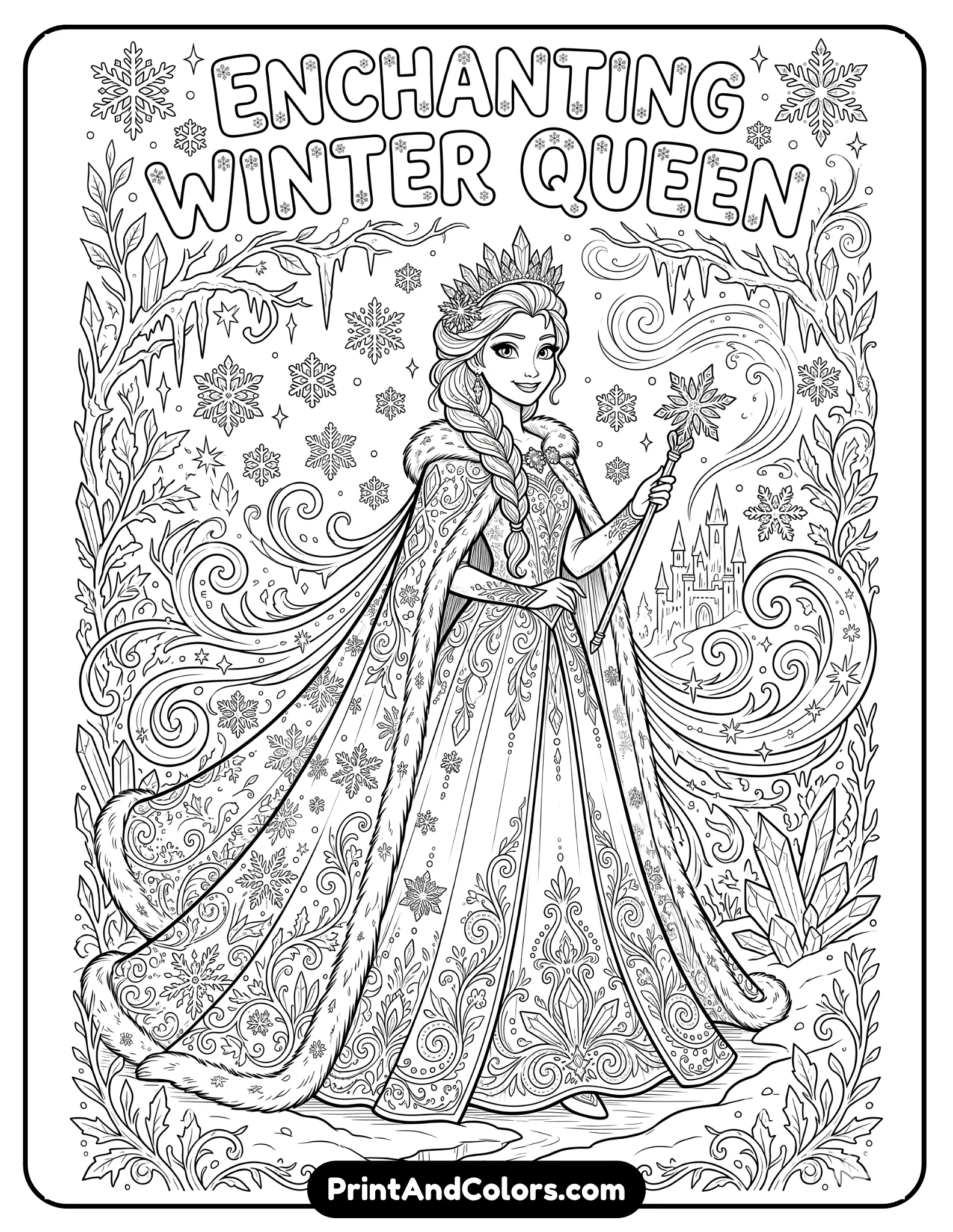 Enchanting black and white coloring page of Elsa surrounded by frozen elements including snowflakes, icy crystals, frosty vines, and magical winter swirls, flowing gown and detailed cape, fantasy winter atmosphere, printable line art with intricate outlines