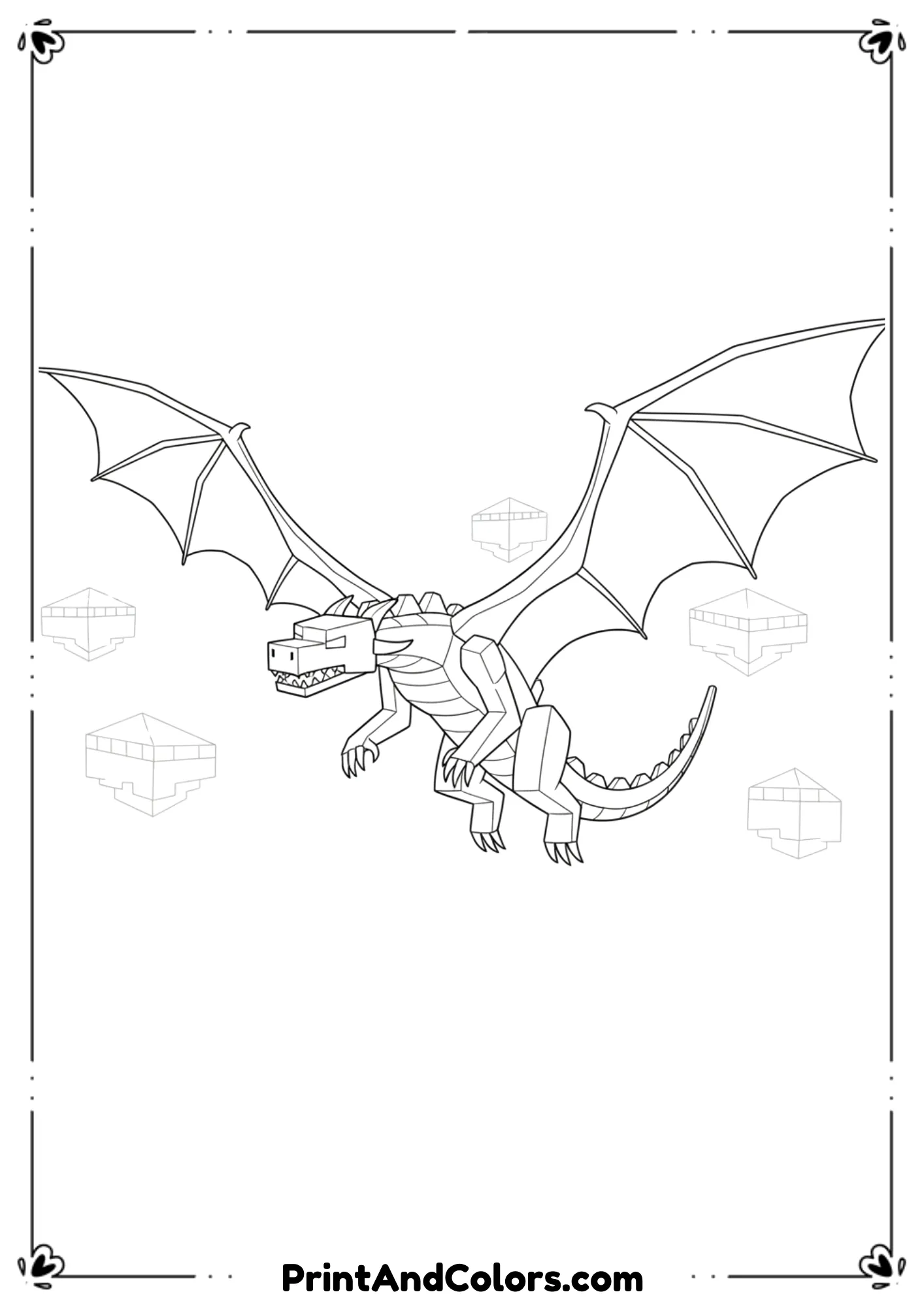 Black and white line art of the Minecraft Ender Dragon flying with wings spread wide, simplified background, bold outlines, no shading, printable coloring page.
