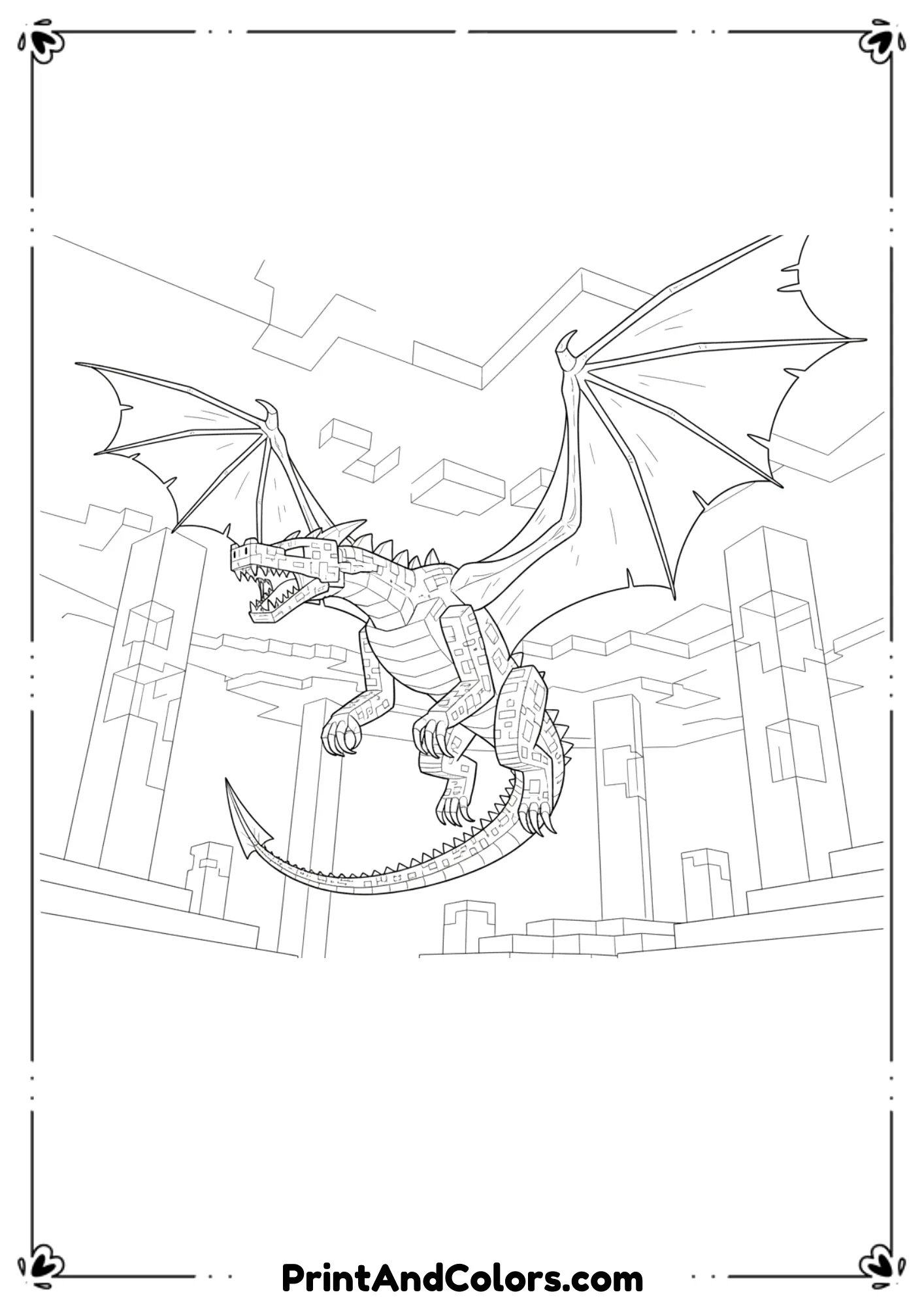 Black and white line art of a realistic Minecraft Ender Dragon with detailed wings and block textures, dramatic flying pose, bold outlines, no shading, printable coloring page.
