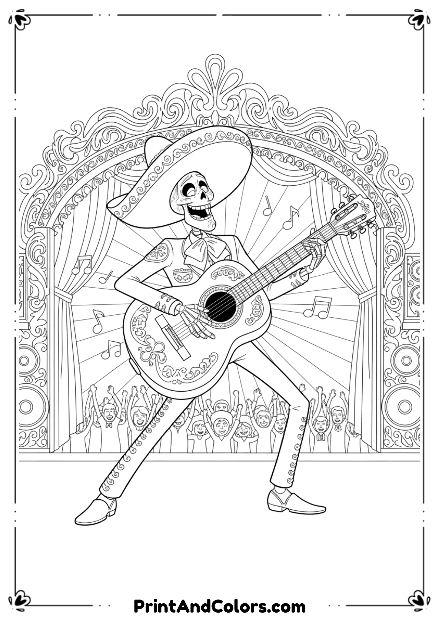 Outline illustration of Ernesto De La Cruz playing guitar dramatically on stage, Coco movie character in black and white for coloring page