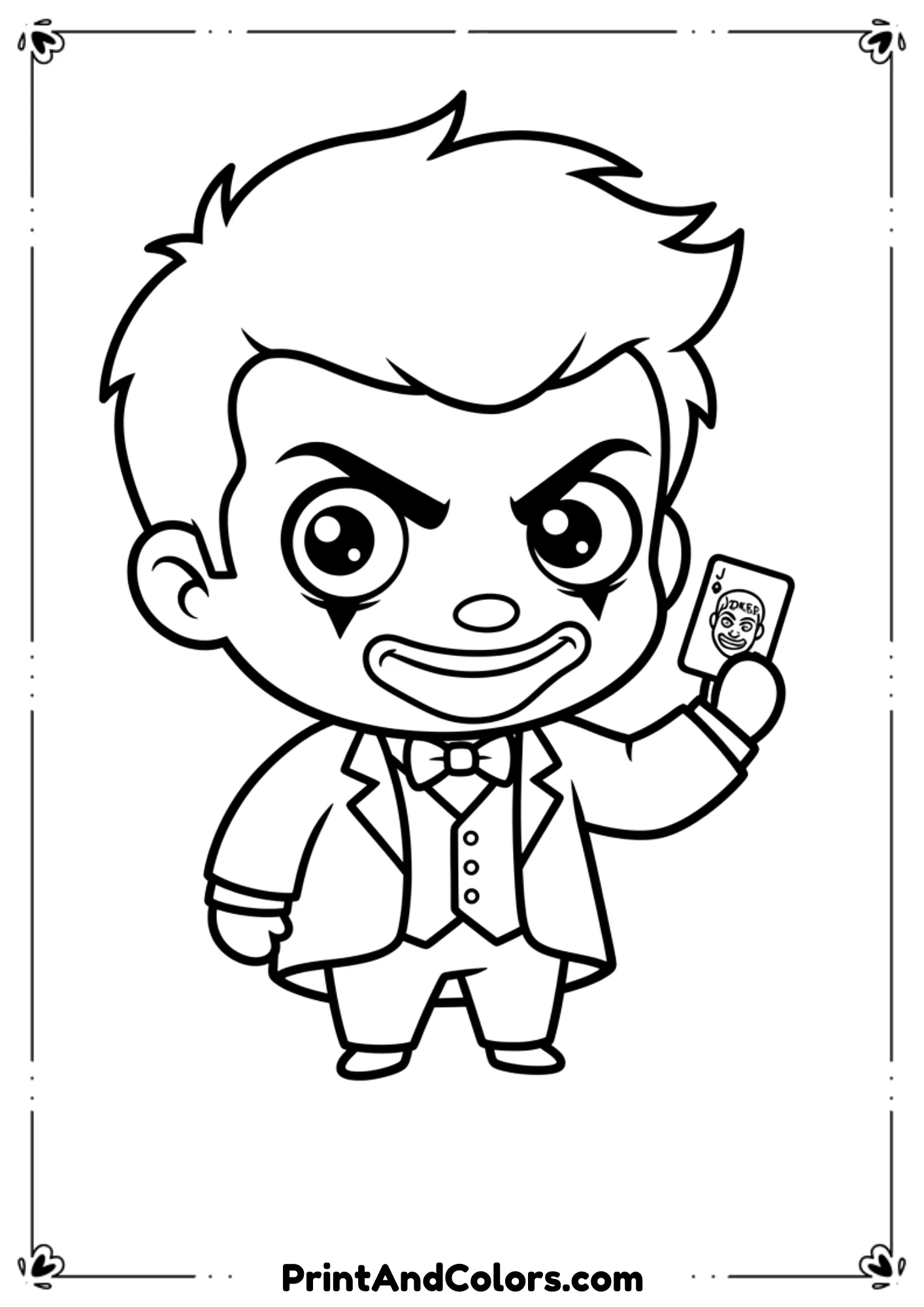  Cute but evil chibi Joker holding Joker playing card, simple black and white design.

