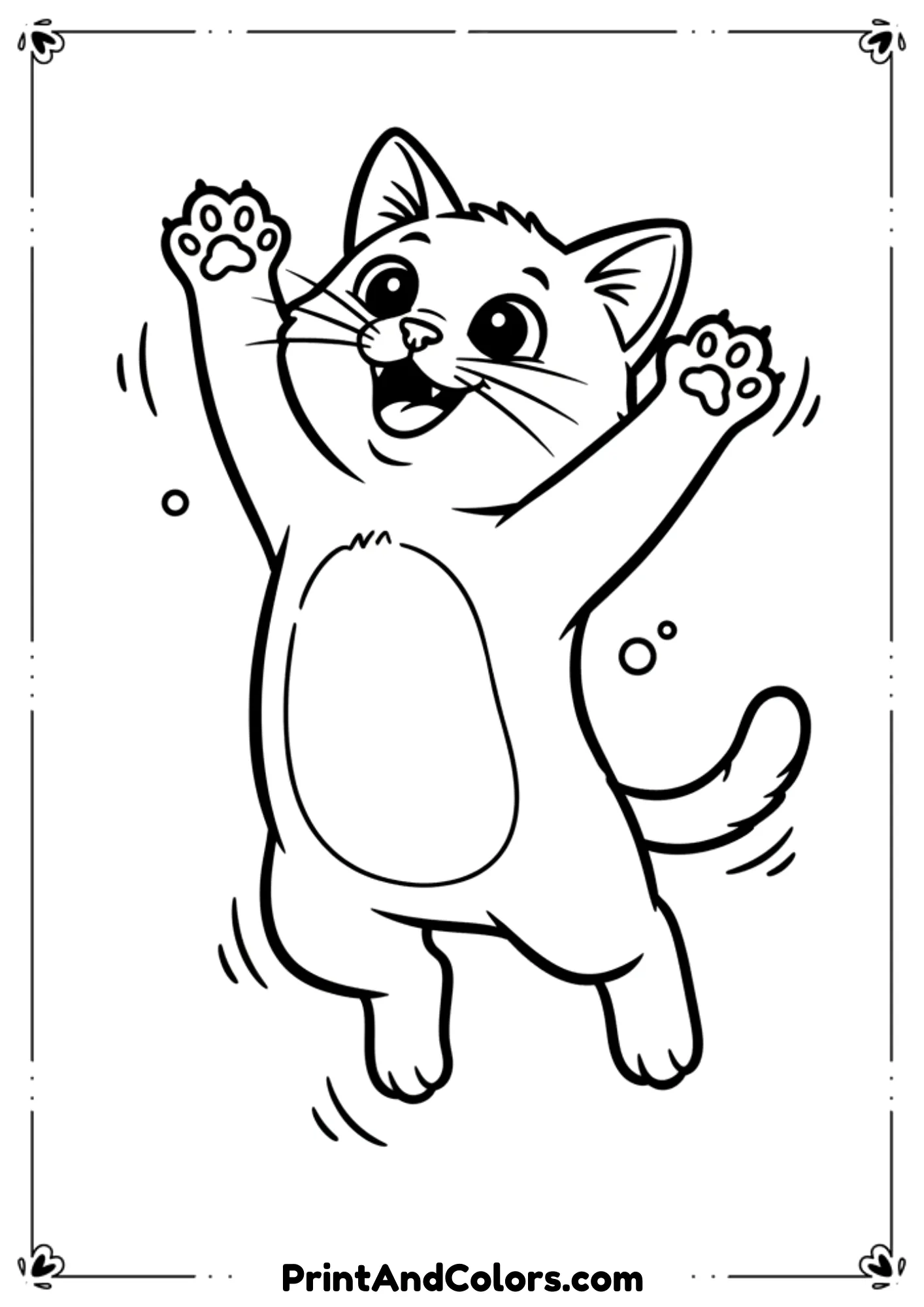 Energetic kitten jumping up with paws raised in the air, joyful expression, simple outlines for coloring.

