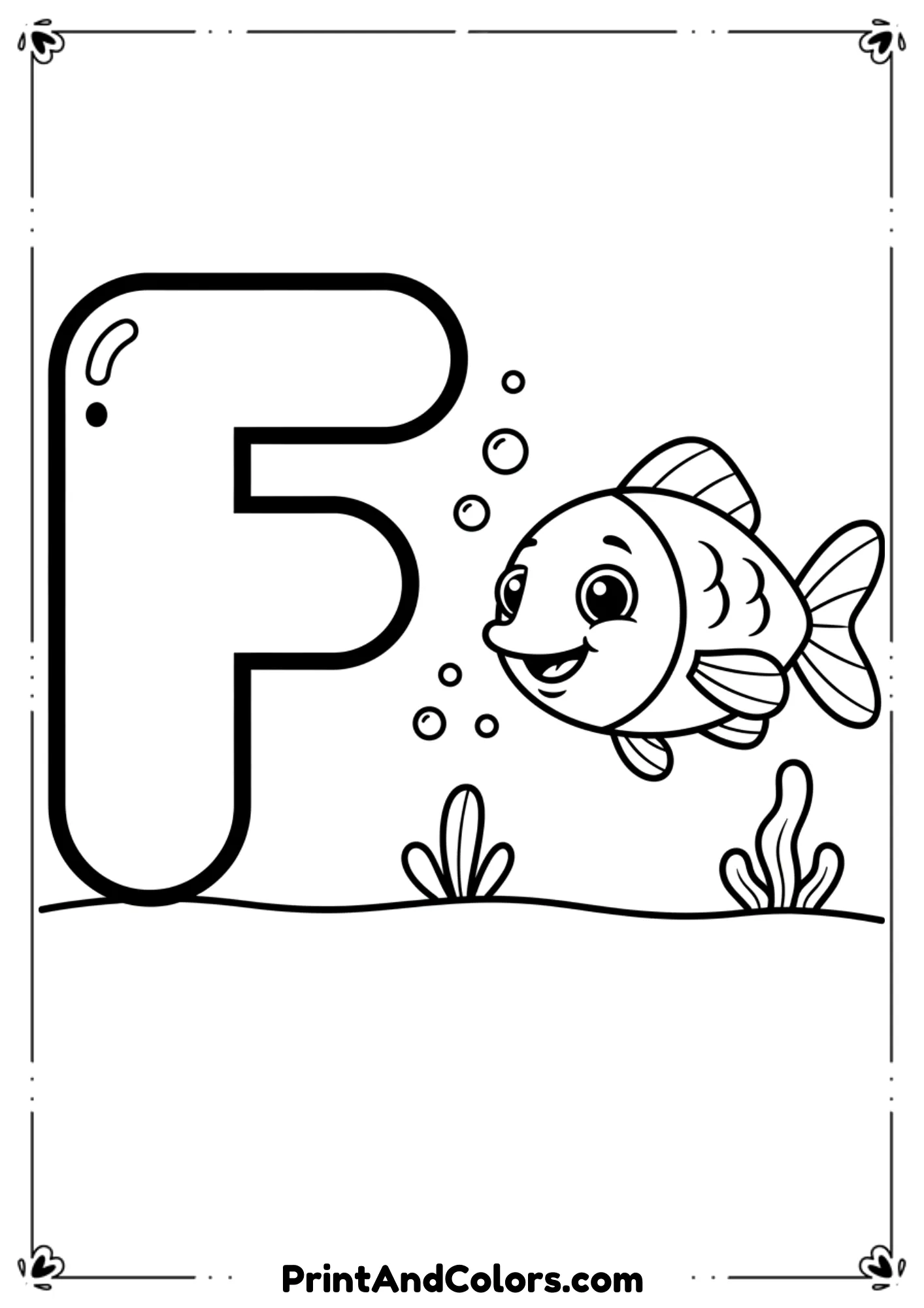Large bubble-letter "F" next to a simple cartoon fish. Add bubbles and small plants. Suitable for preschool alphabet learning.