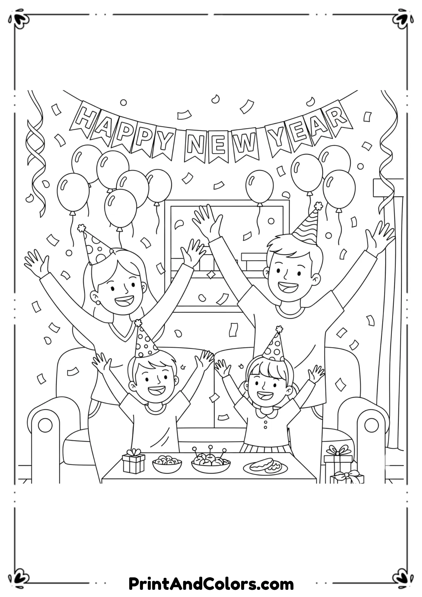 Black and white line art of a happy family smiling and celebrating New Year indoors with banners, balloons, confetti, and party hats. Simple facial expressions, bold outlines, child-friendly printable coloring page.
