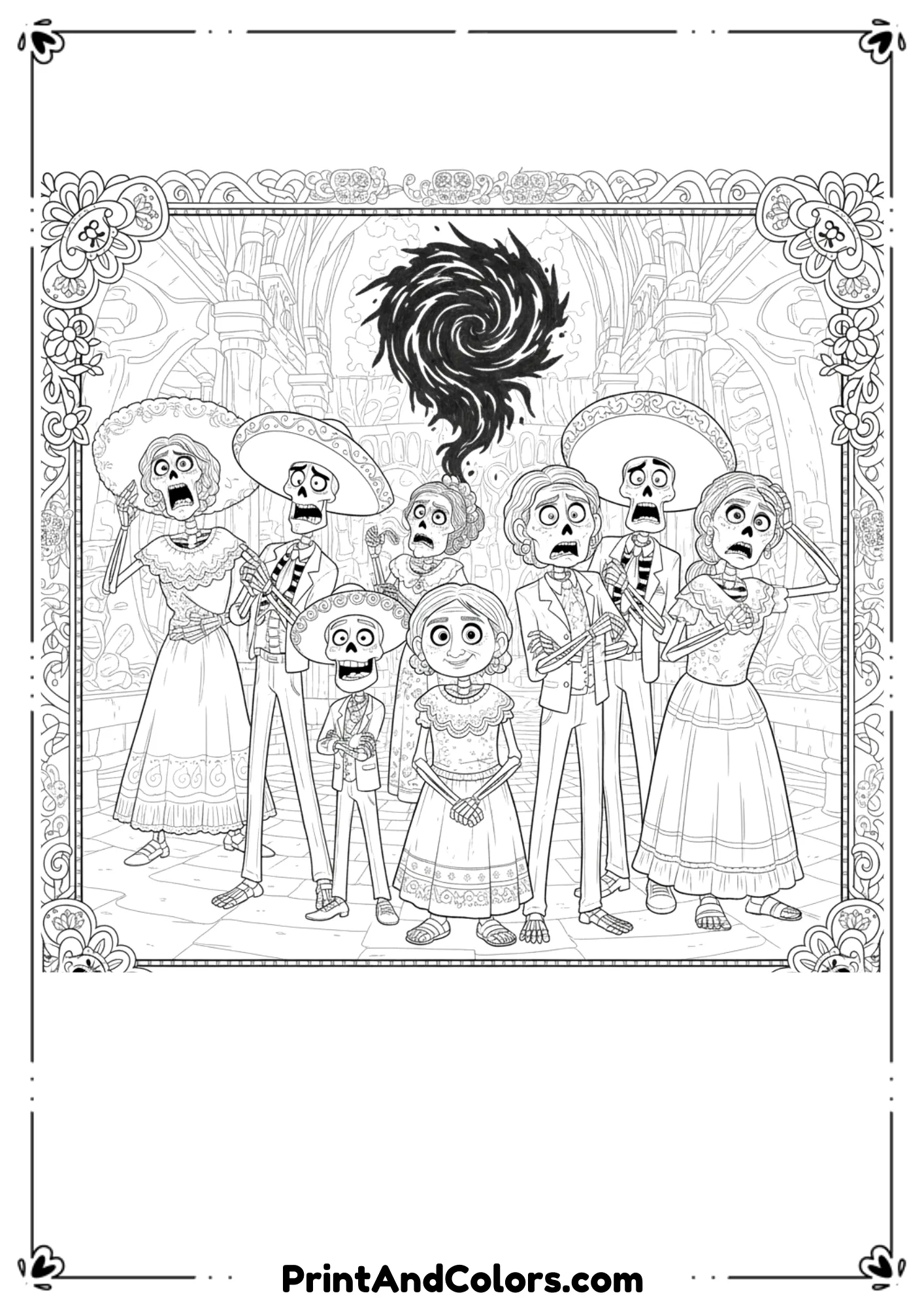 Black and white line art showing Coco family skeletons in the Land of the Dead reacting to the family curse, expressive faces and festive clothing, printable coloring sheet.”