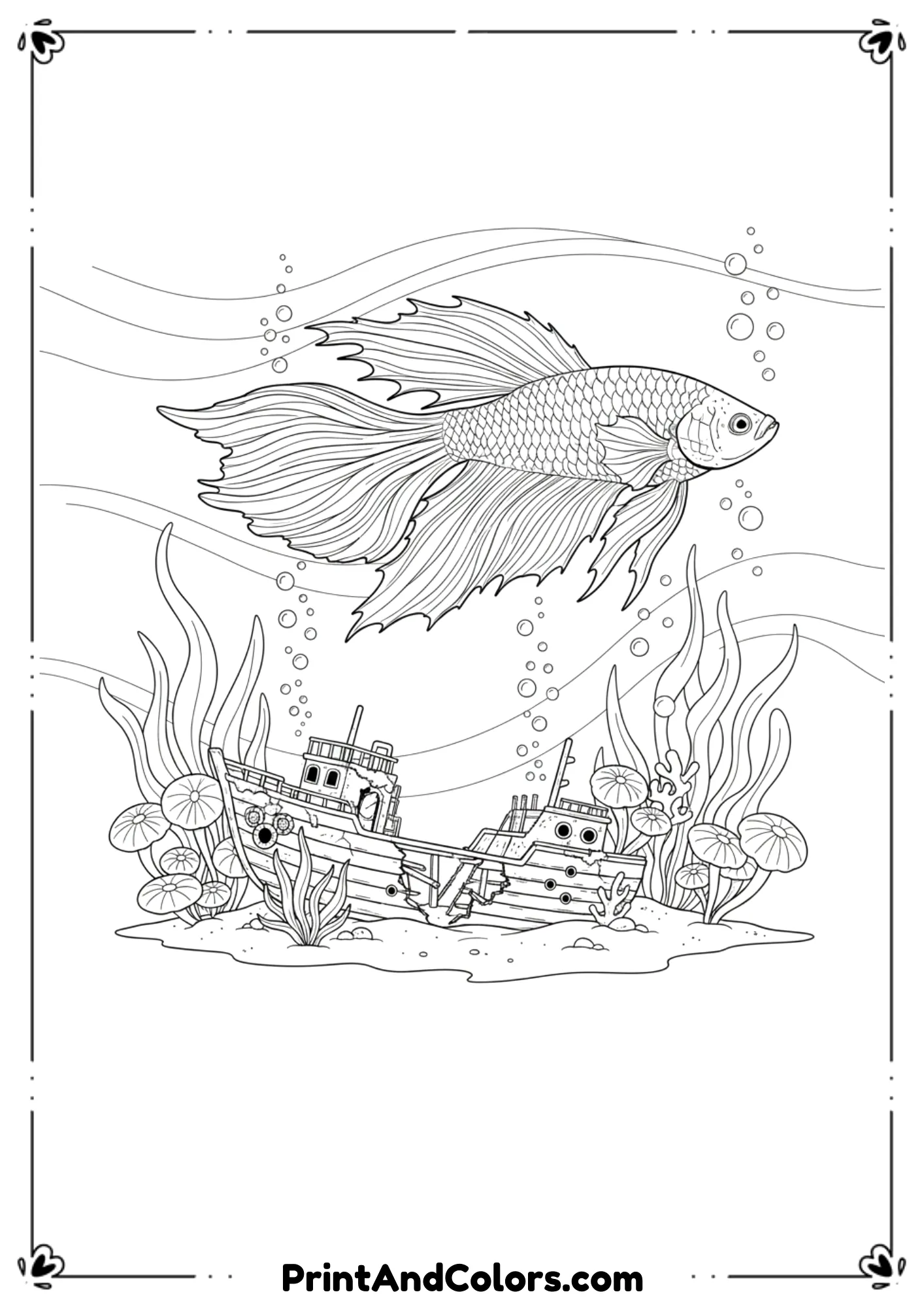 Flowing betta fish swimming near a tiny sunken ship. Add bubbles, sea plants, and wavy water lines. Detailed line art with smooth outlines.