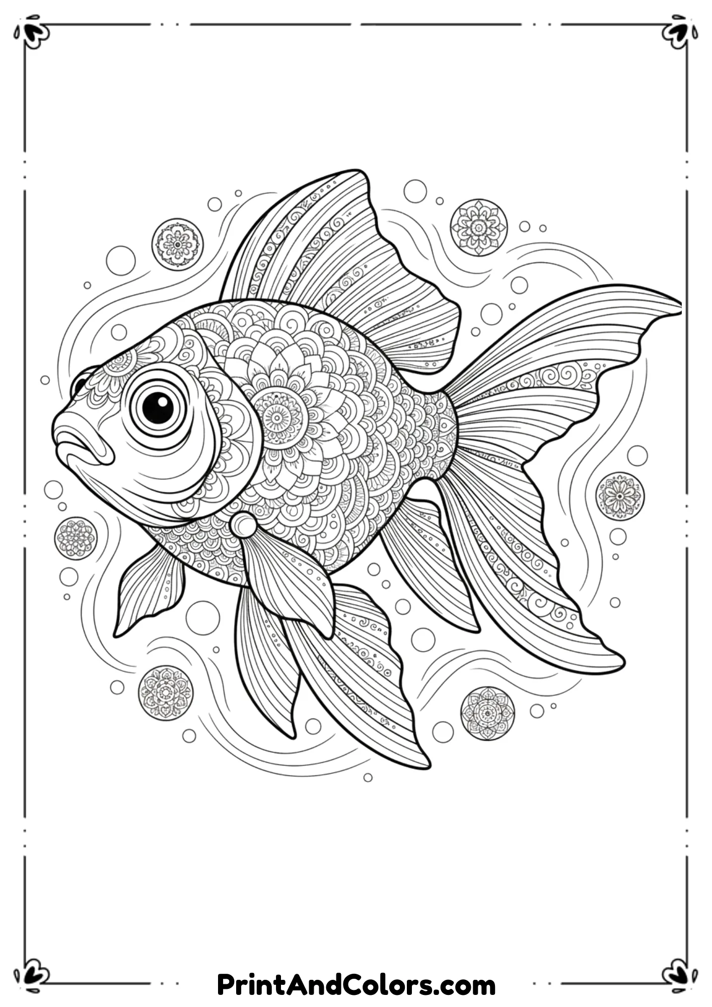 Fantail goldfish with mandala-style decorative scales. Add symmetry, floral patterns, and flowing fins. Clean high-quality mandala line art.