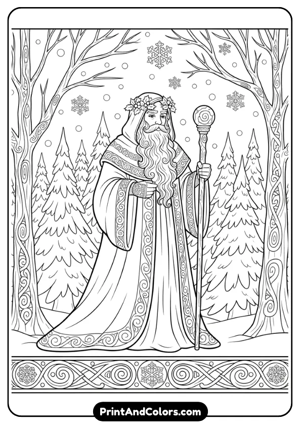 Traditional Father Christmas with long robes, wreath crown, and staff. Add winter forest elements and old-world patterns