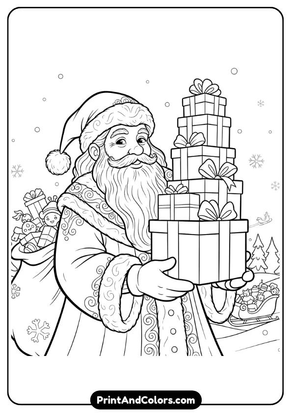 Classic Father Christmas holding stacked presents. Flowing robes, gentle old-world style, clean outlines