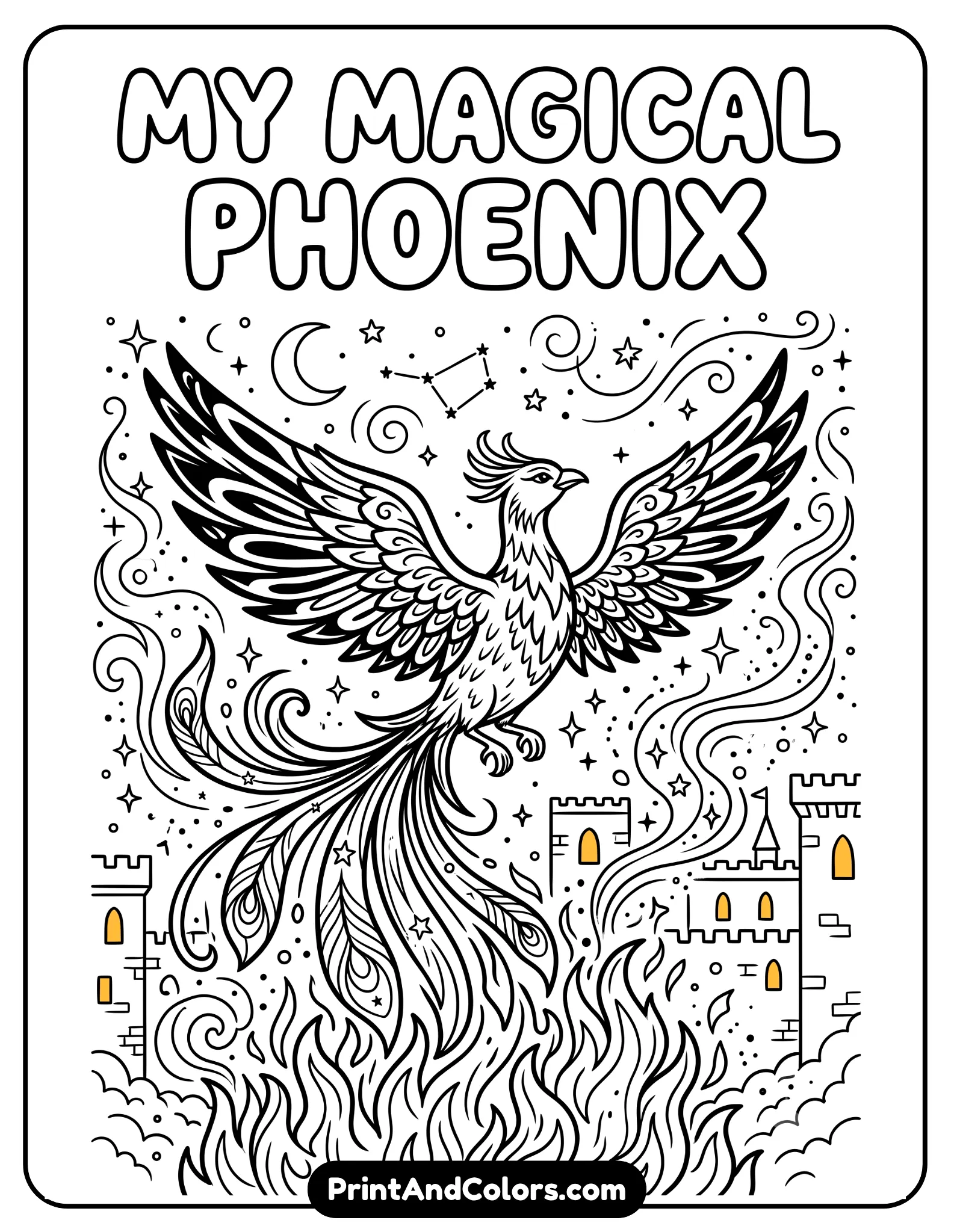 Elegant black and white fantasy coloring page of a magical phoenix bird with long flowing tail feathers rising from flames. Include stars, magical sparks, ancient castle windows, and swirling smoke. Detailed feather textures with printable fantasy line art style.