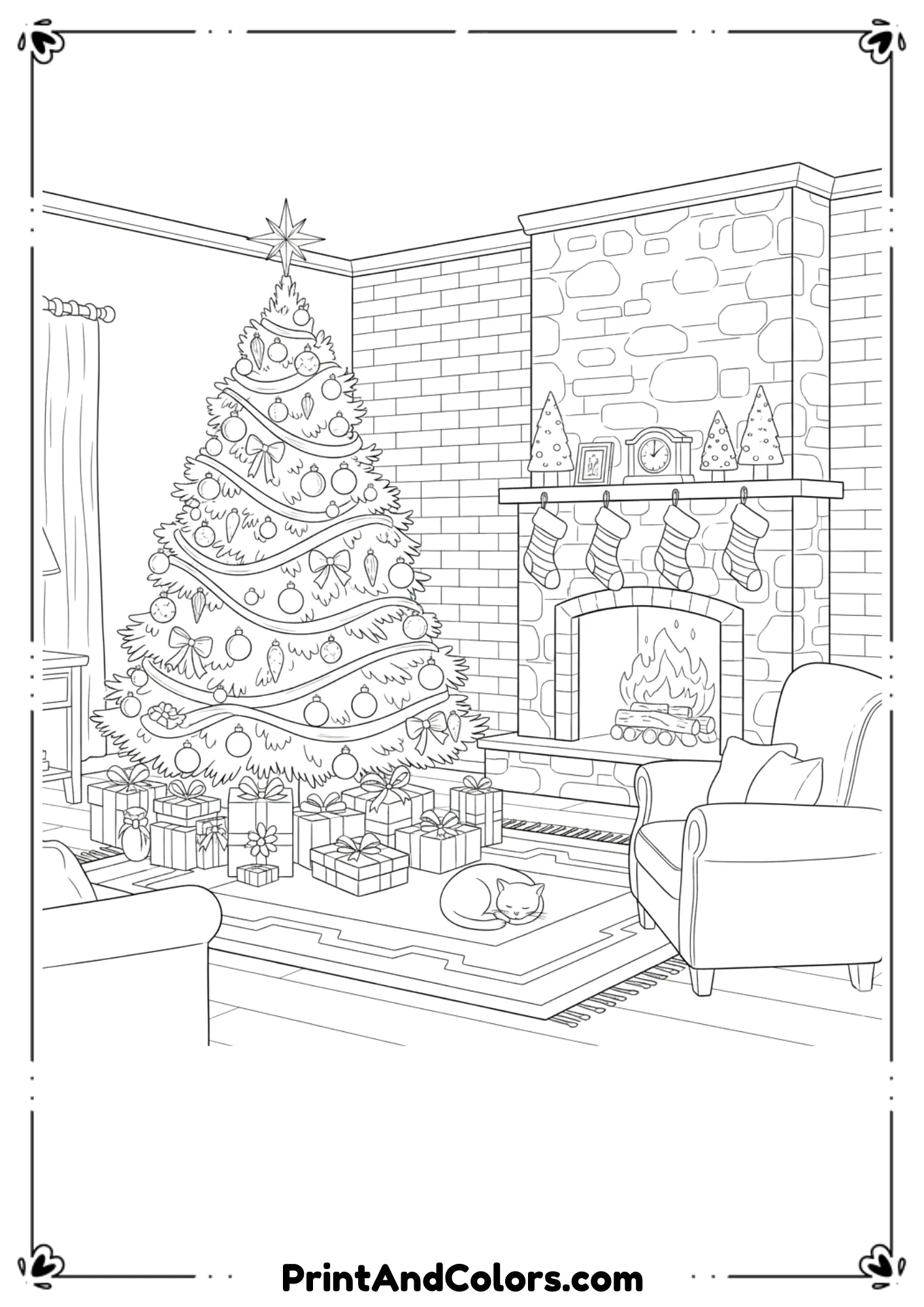  Cozy living room scene with a decorated Christmas tree, fireplace, and two comfy armchairs. Medium detail, warm holiday atmosphere, clean outlines.
