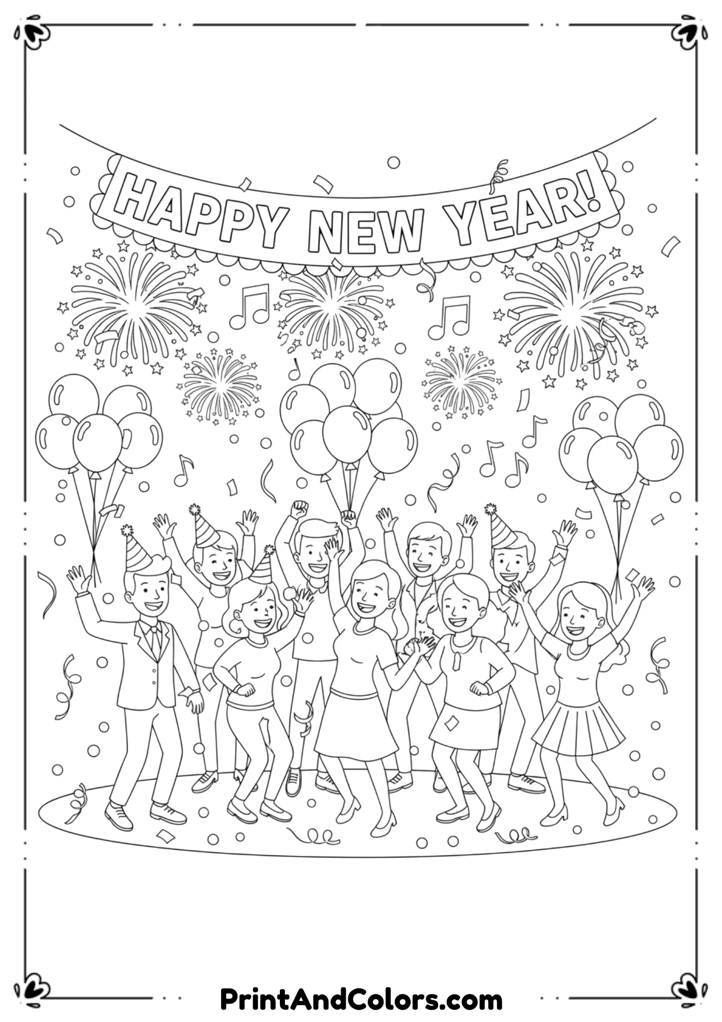  Black and white illustration of a lively New Year’s Eve party scene with people dancing, balloons, music notes, banners, and fireworks. Cartoon figures, clean outlines, no shading.