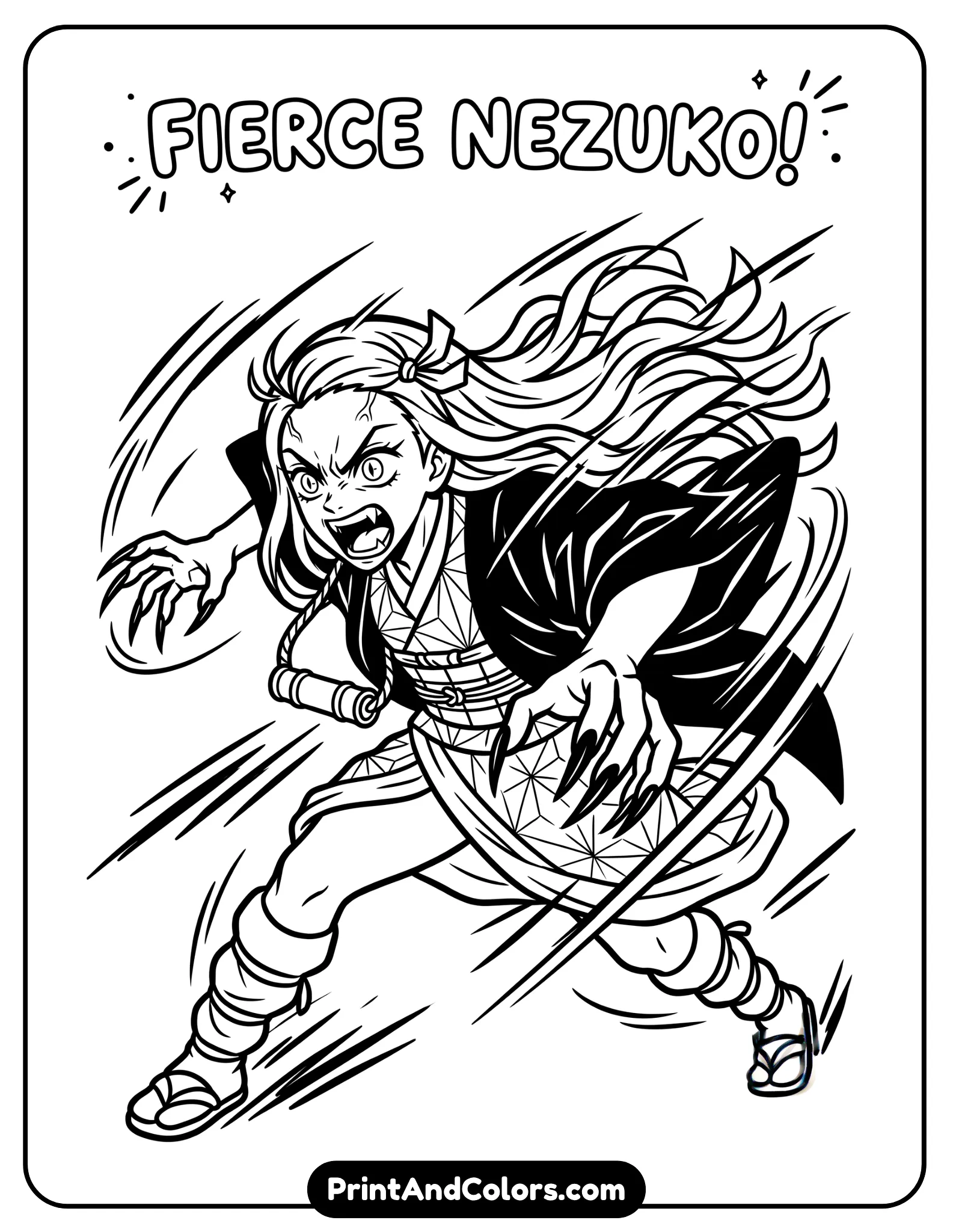 Nezuko in fierce expression with extended claws, aggressive stance, sharp eyes, dynamic motion lines, bold line art