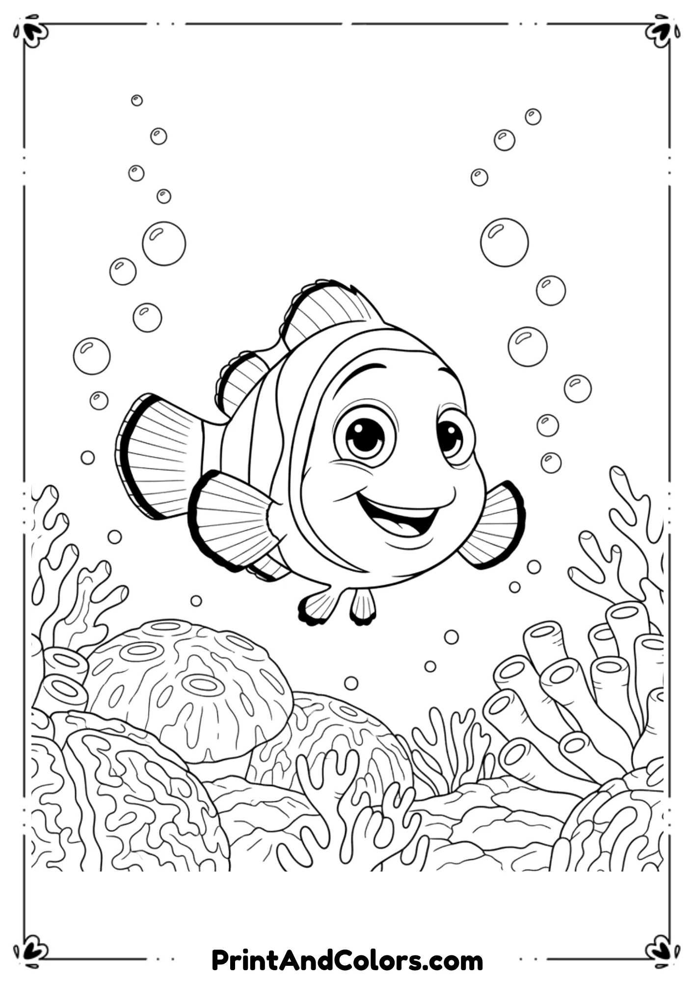 Disney-style clownfish inspired by Nemo, smiling and swimming. Add coral shapes and bubbles. Clean black and white line art.