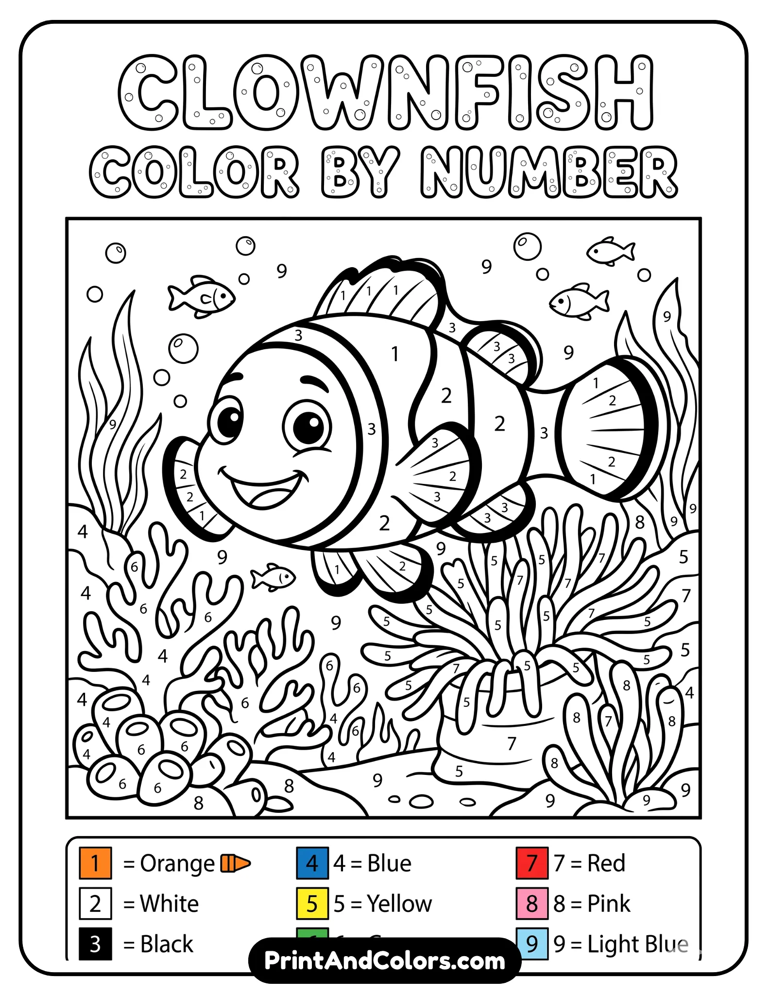 Line art coloring worksheet featuring a clownfish divided into numbered sections for color-by-number activity, with simple background and clear segment lines