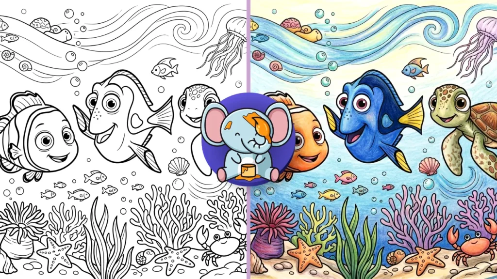 Underwater coloring page scene with clownfish, blue tang fish, sea turtle, coral reef, and bubbles designed for kids printable activity