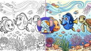 Underwater coloring page scene with clownfish, blue tang fish, sea turtle, coral reef, and bubbles designed for kids printable activity