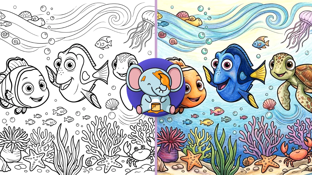 Underwater coloring page scene with clownfish, blue tang fish, sea turtle, coral reef, and bubbles designed for kids printable activity
