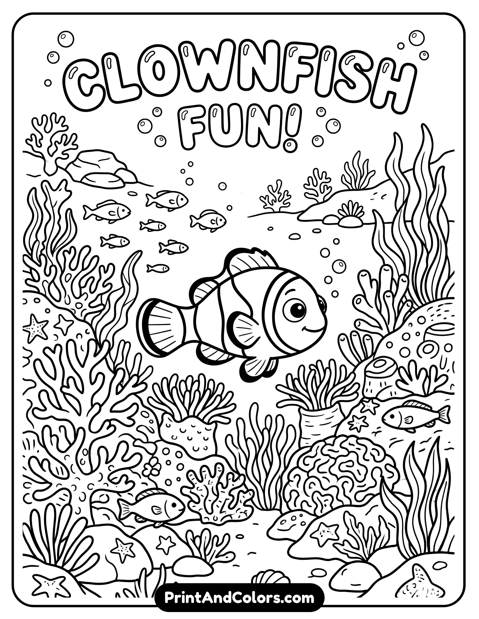 Black and white line art illustration of an underwater ocean scene featuring a small clownfish inspired by Nemo swimming among coral reefs, sea plants, bubbles, and small fish. Clean bold outlines, no shading, kid-friendly composition, simple background details like rocks and seaweed, wide open spaces for easy coloring, printable coloring page style