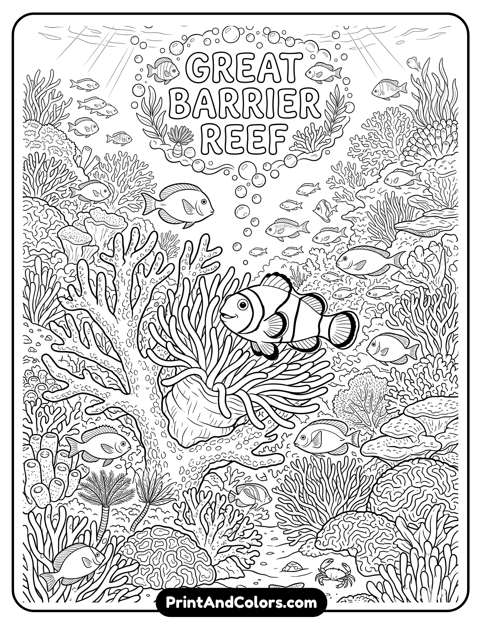 Detailed black and white underwater reef scene inspired by the Great Barrier Reef, featuring coral formations, small fish, and a clownfish swimming through. Clean outlines, rich but colorable detail