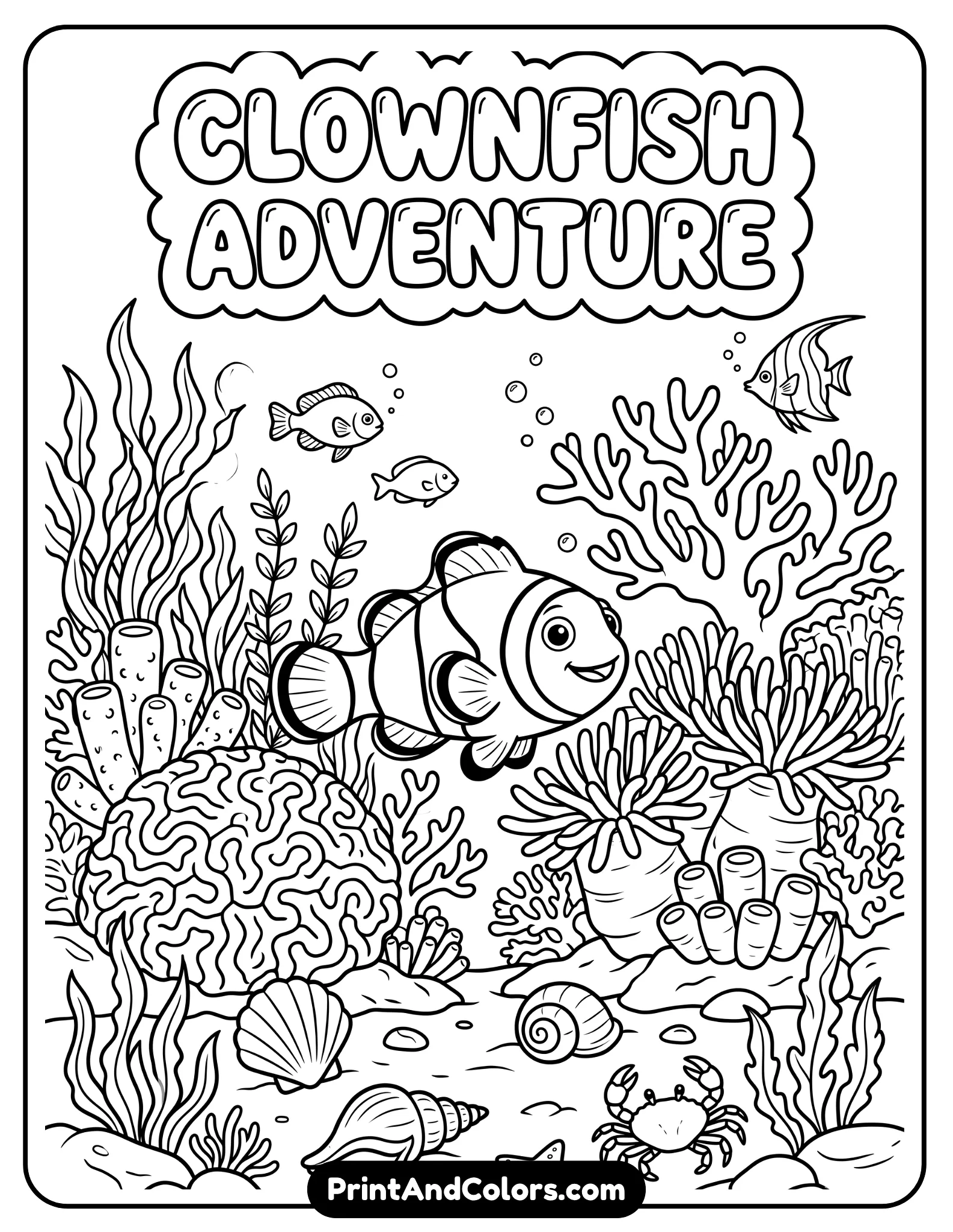 Printable-style black and white coloring page featuring a clownfish swimming near coral reefs, shells, and ocean plants, designed like a page from a coloring book. Balanced layout, bold outlines, minimal fine detail for easy coloring