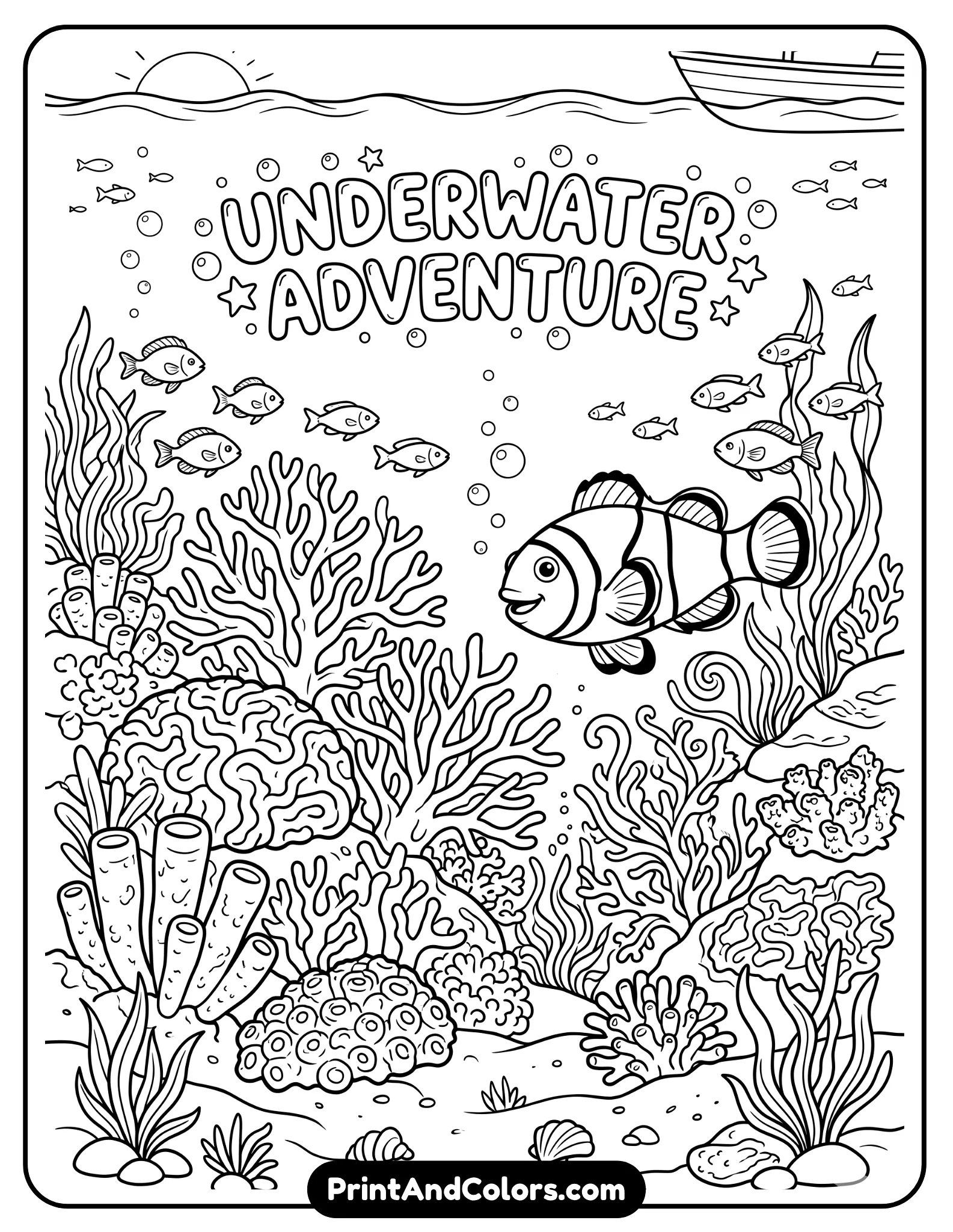 Printable black and white underwater scene with a clownfish swimming through coral reef, small fish, and sea plants. Clear outlines, no shading, balanced composition for easy coloring