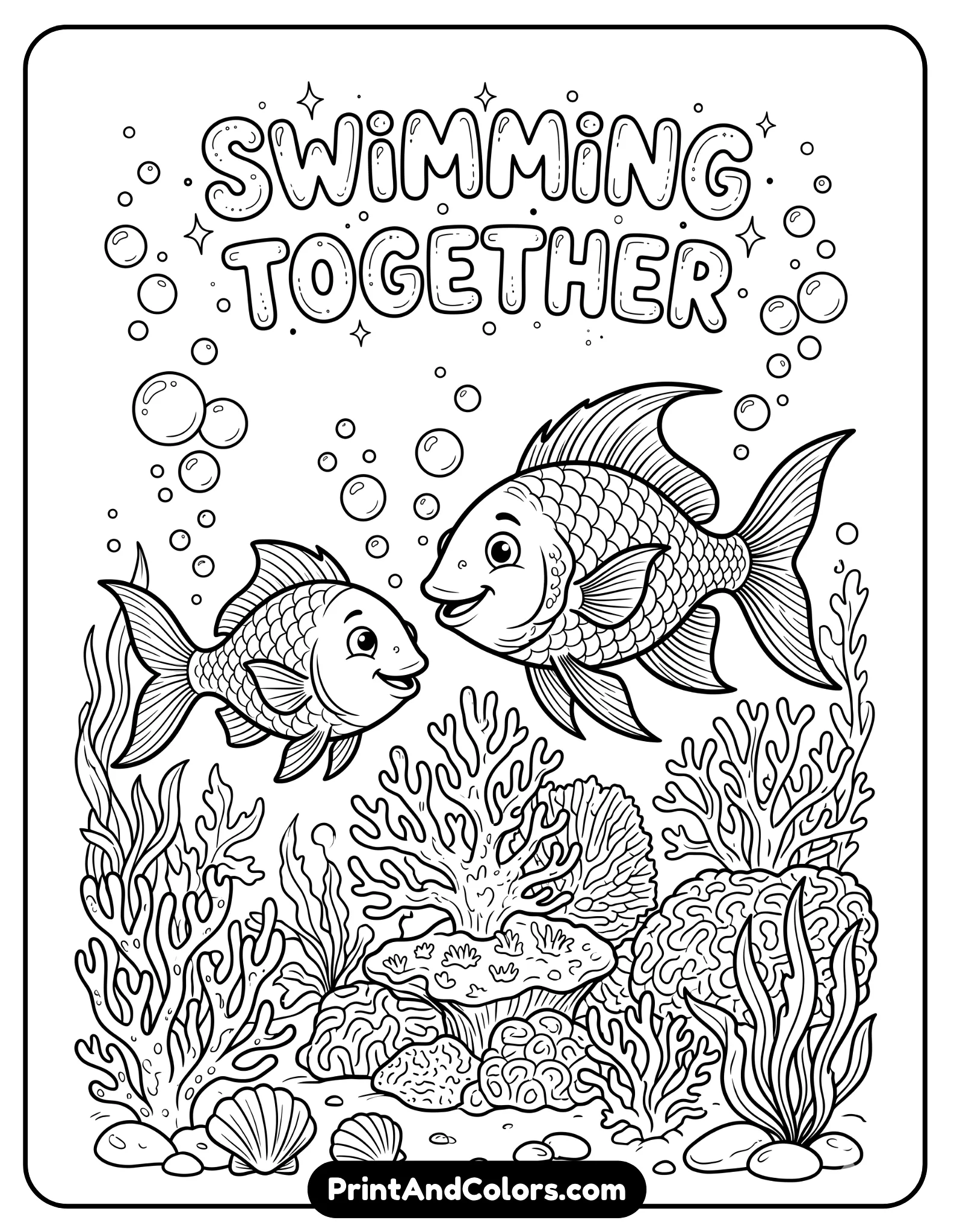 Black and white illustration of two fish swimming together, one with a slightly smaller fin, surrounded by bubbles and coral. Clean lines, expressive characters, balanced composition