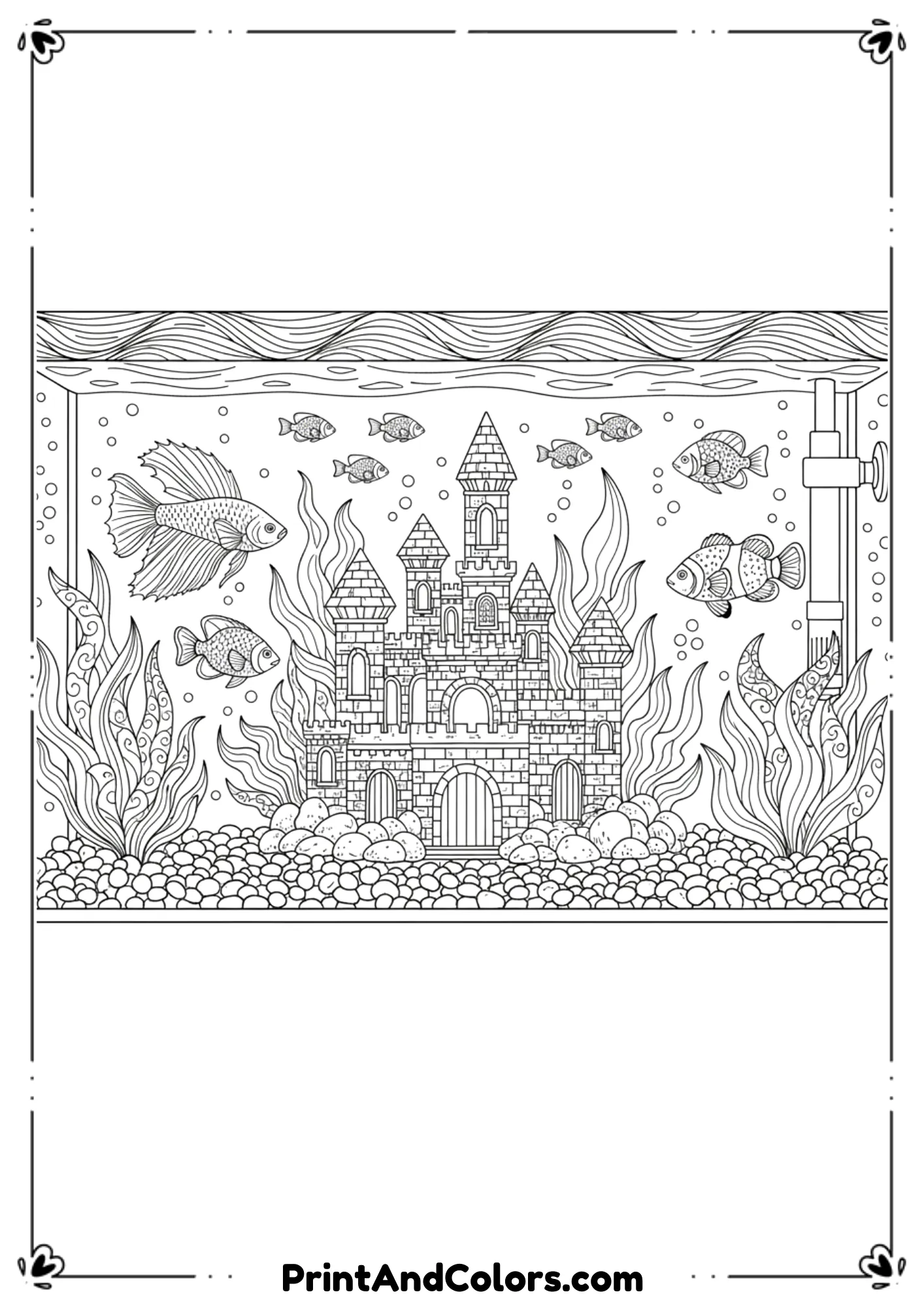 Detailed aquarium with multiple fish, decorations, plants, stones, and a filter tube outline. Neat line-art, printable.