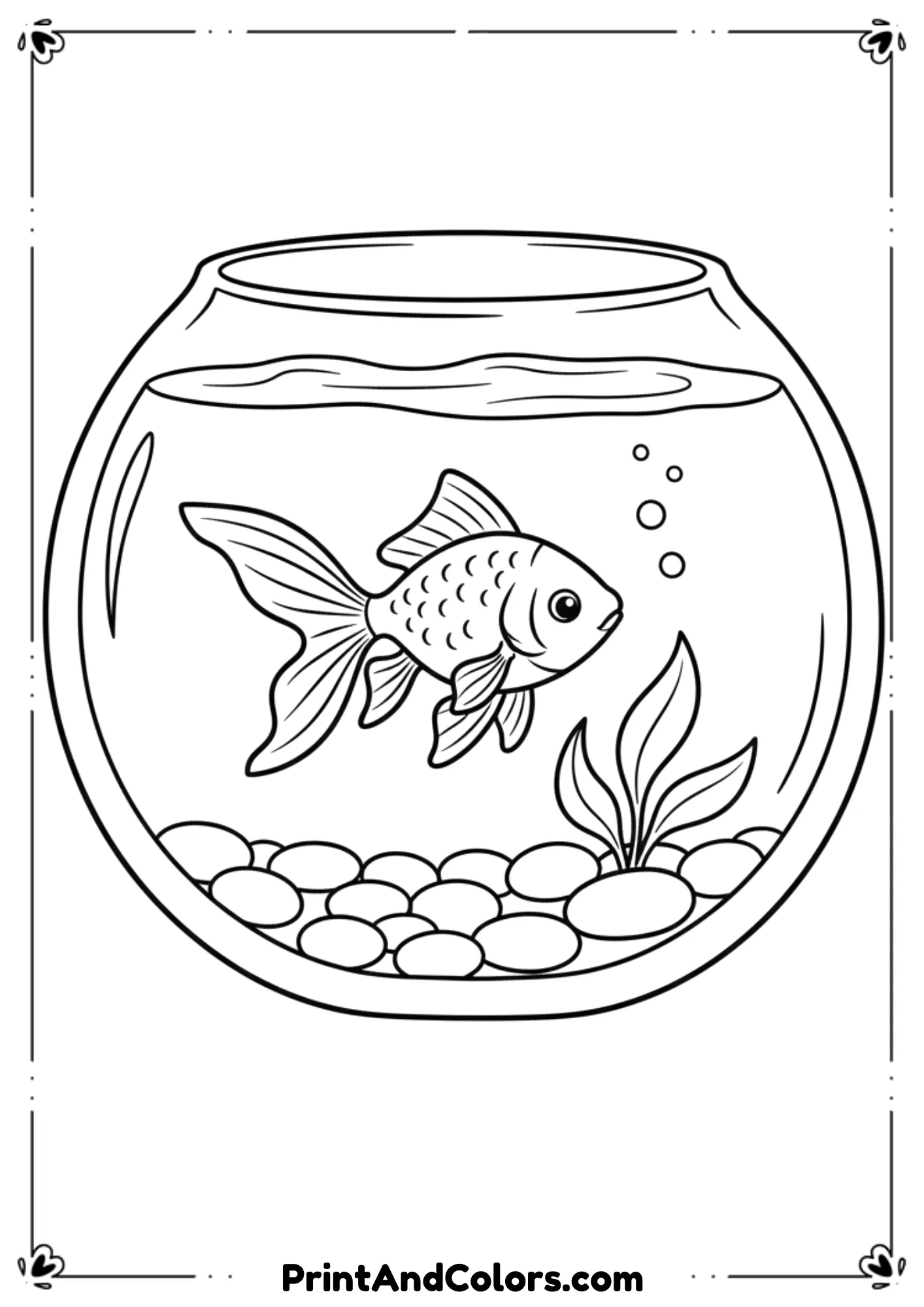 Round fishbowl containing a goldfish, pebbles, and a tiny plant. Add gentle water ripples and bubbles. Clean thick outlines.