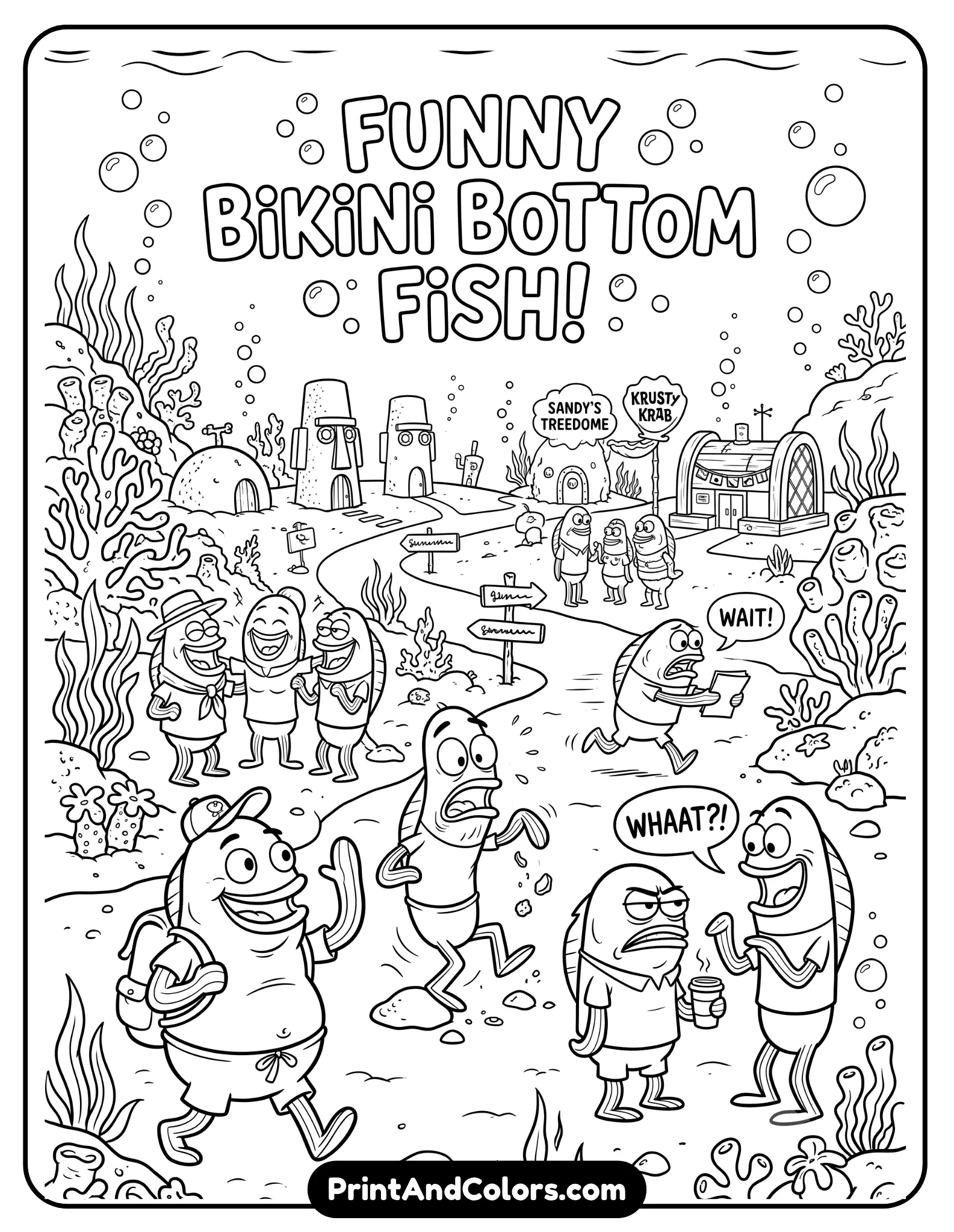 Printable black and white coloring page featuring generic Bikini Bottom fish characters in different funny poses, walking, talking, and reacting expressions, underwater street background with coral and bubbles, simple cartoon line art style