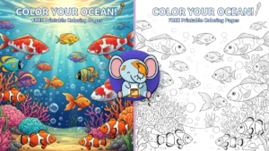 Colorful fish swimming in an underwater scene with coral reefs and seaweed – feature image for Fish Coloring Pages on Print And Colors, suitable for children and adults