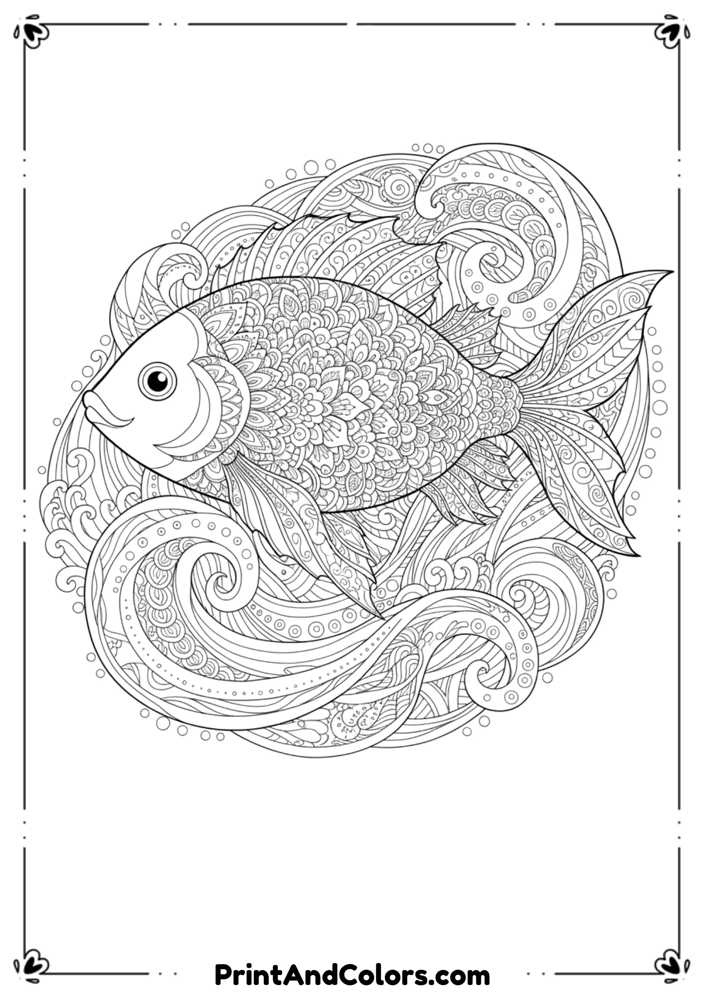 Intricate fish with mandala-style patterns, detailed fins, ornamental waves, and decorative borders. Sharp, elegant adult coloring lines.