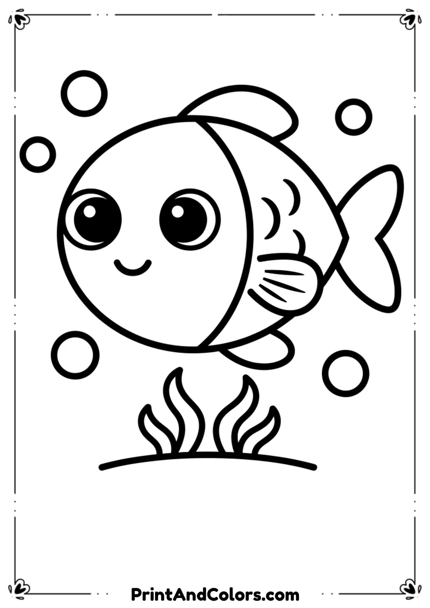Very simple big-eyed fish with basic shapes, minimal details, bubbles, and two simple plants. Thick outlines for young children.