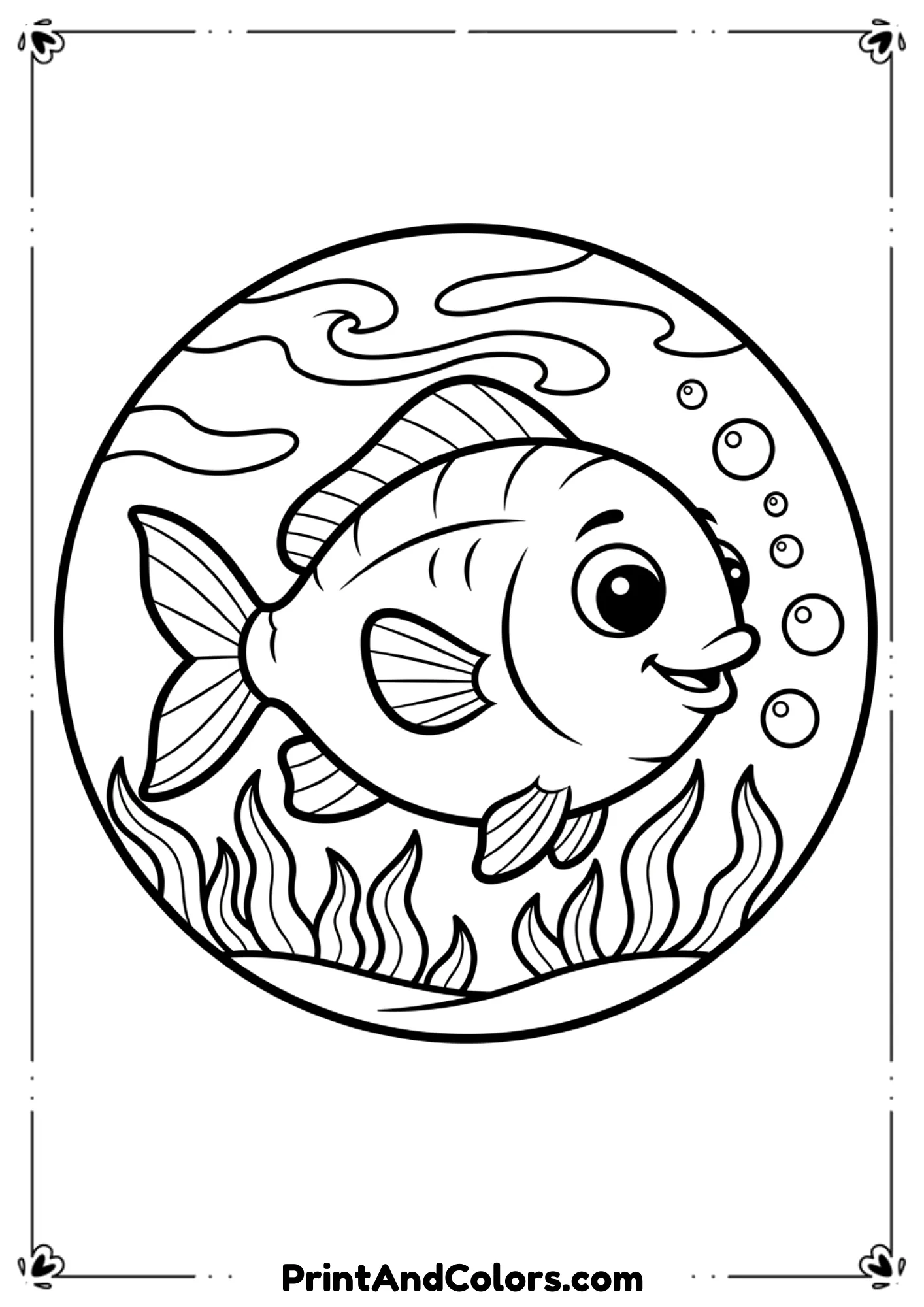 Create a clean black and white line-art illustration of a simple fish swimming underwater. Include basic ocean plants, bubbles, and gentle waves. Thick outlines, no shading, kid-friendly, printable coloring page, high contrast.