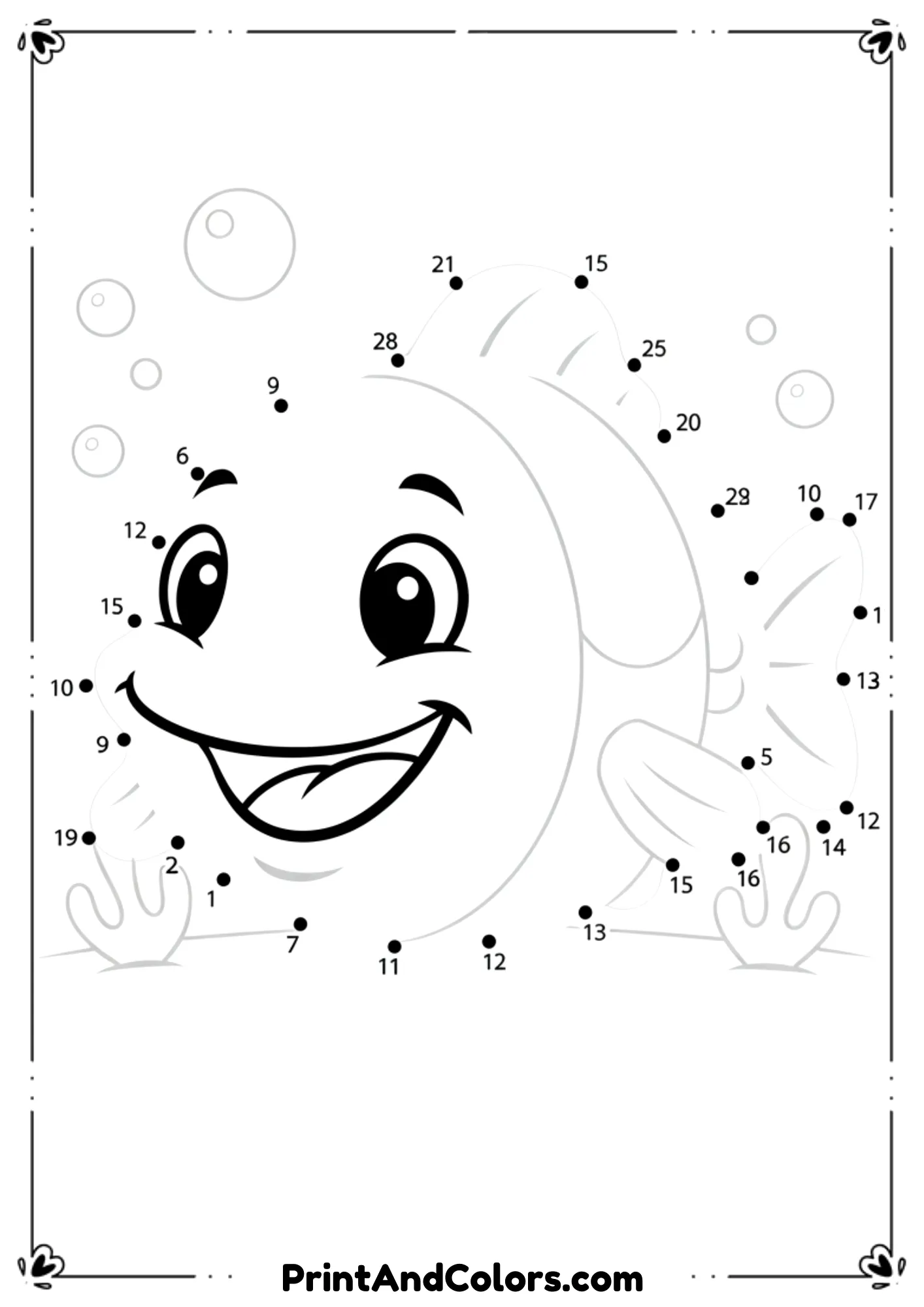 Create a dot-to-dot outline of a simple fish with numbered points. After completion it forms a fish shape with bubbles and plants.