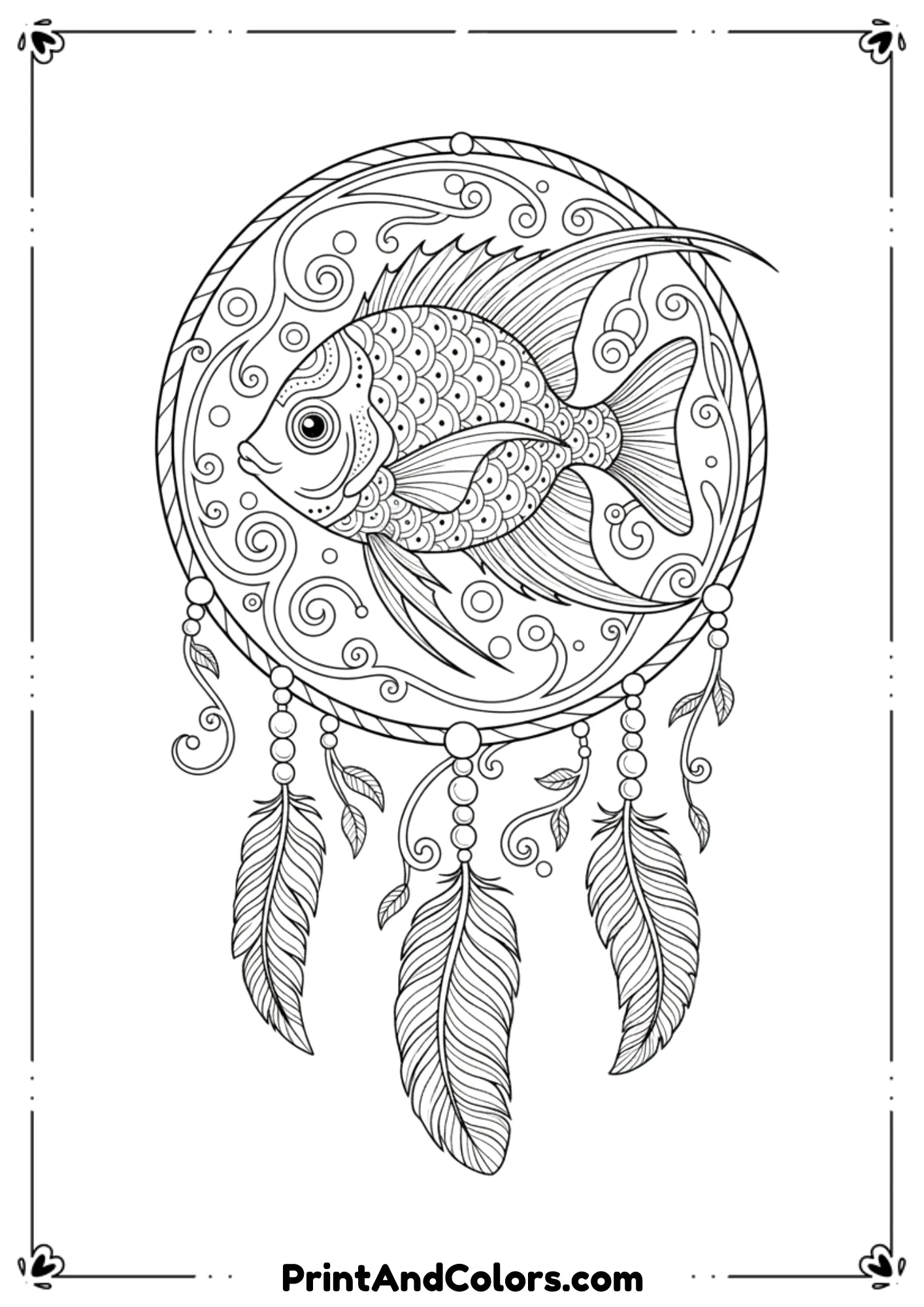 A fish placed inside a dreamcatcher circle with feathers, beads, and swirling lines. Boho style, detailed line work.