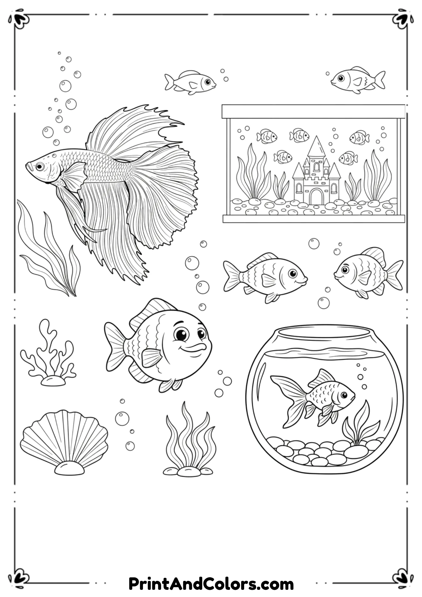 General page featuring multiple fish in different styles—cartoon fish, simple fish, and small sea plants. Printable, easy outlines.