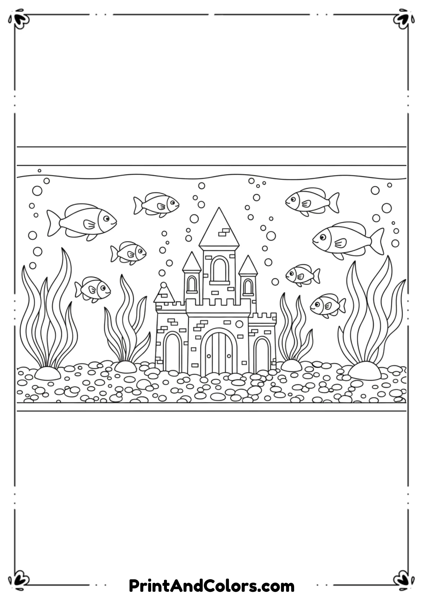 Aquarium scene with fish, gravel, castle décor, plants, and bubbles. Clean simple outlines for easy coloring.
