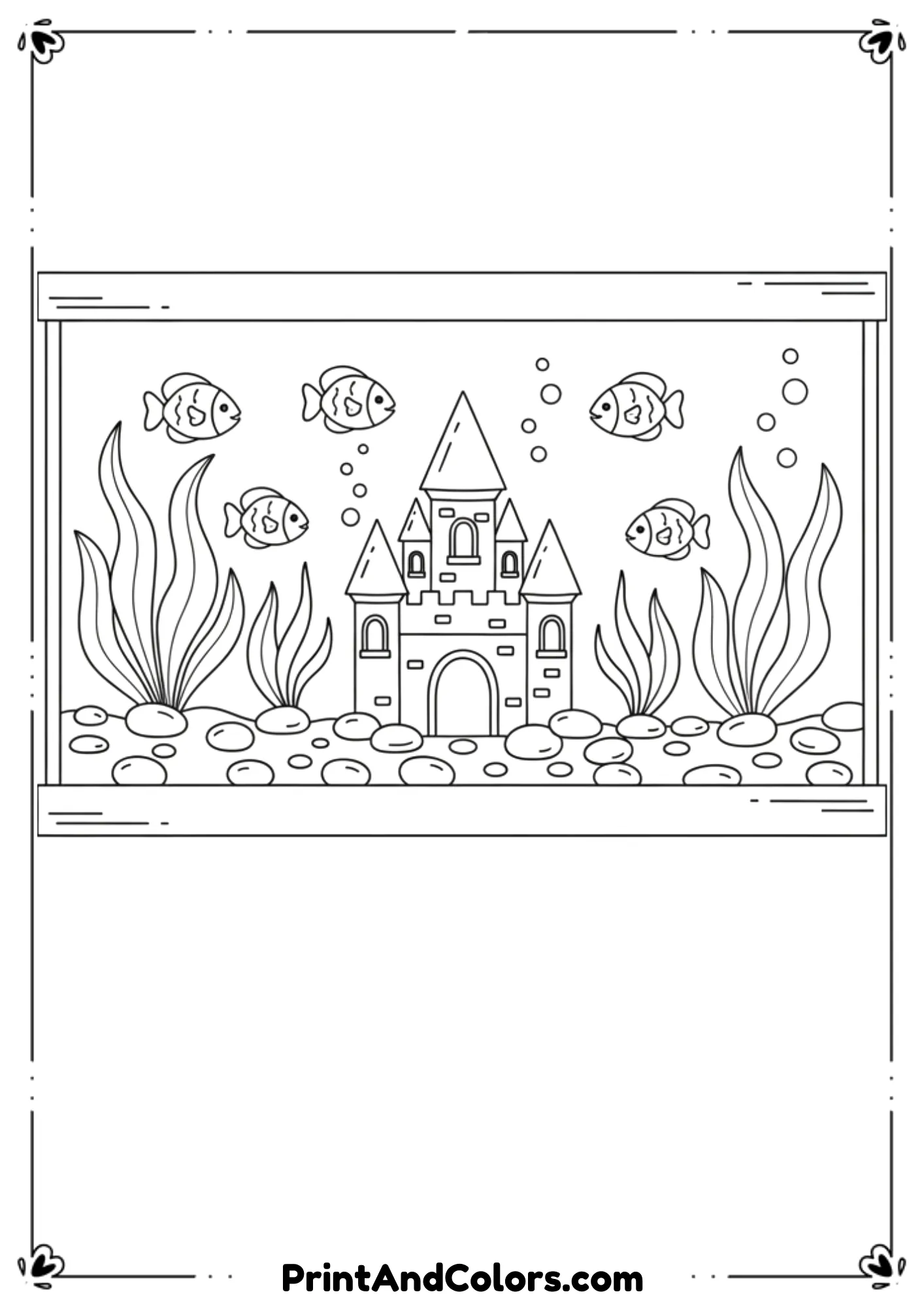 Draw a rectangular aquarium containing several small fish, plants, pebbles, and a castle decoration. Simple, clear outlines suitable for kids.